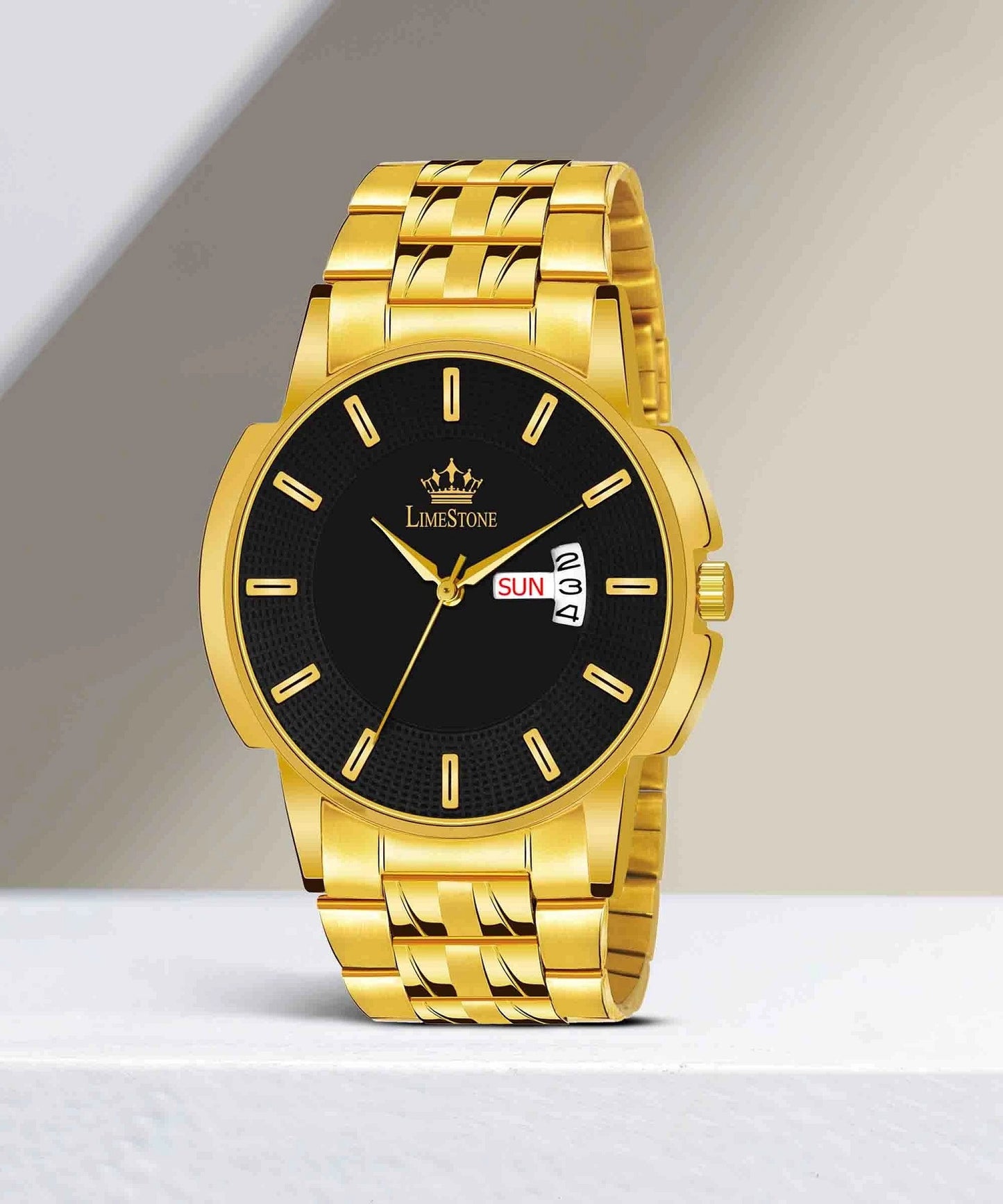 LIMESTONE Day & Date Functioning Original Gold Plated Adjustable Bracelet HMTS Quartz Analog Watch - For Men (LS3064)