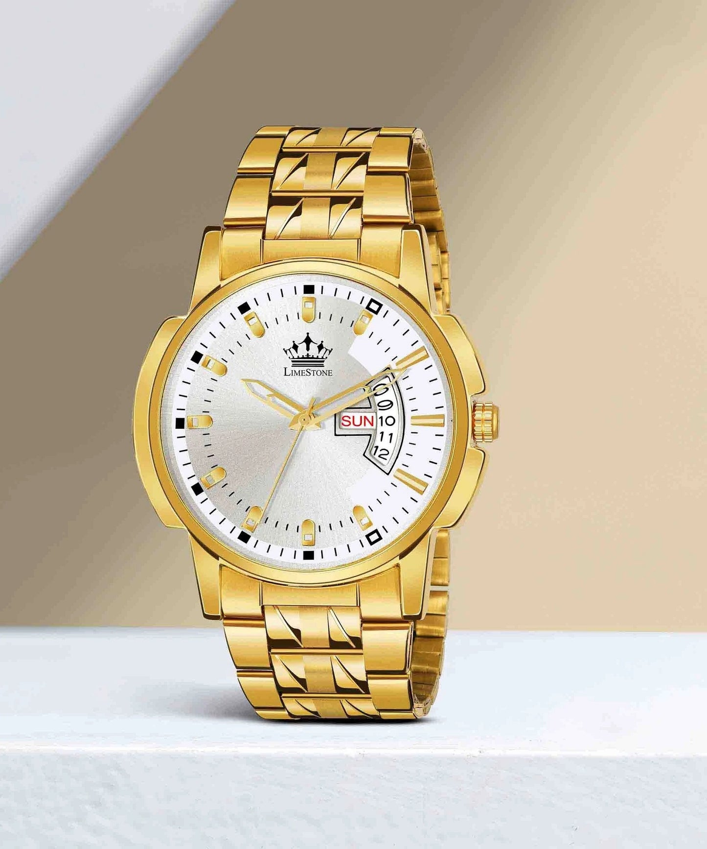 LIMESTONE Day & Date Original Gold Plated HMTS Adjsutable Bracelet Quartz Analog Watch - For Men (LS2893)