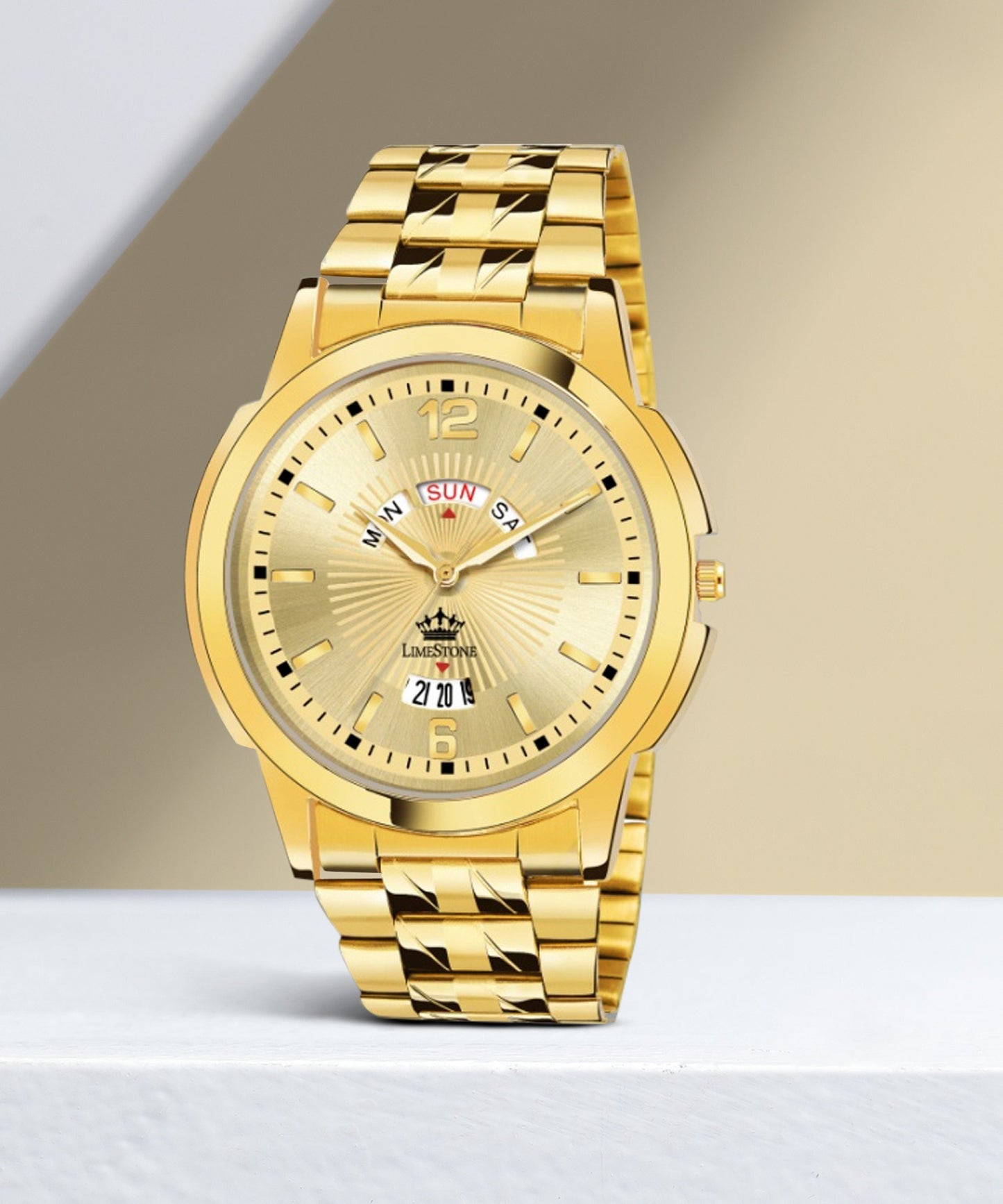 LIMESTONE Day & Date Original Gold Plated HMTS Quartz Analog Watch - For Men (LS2811)