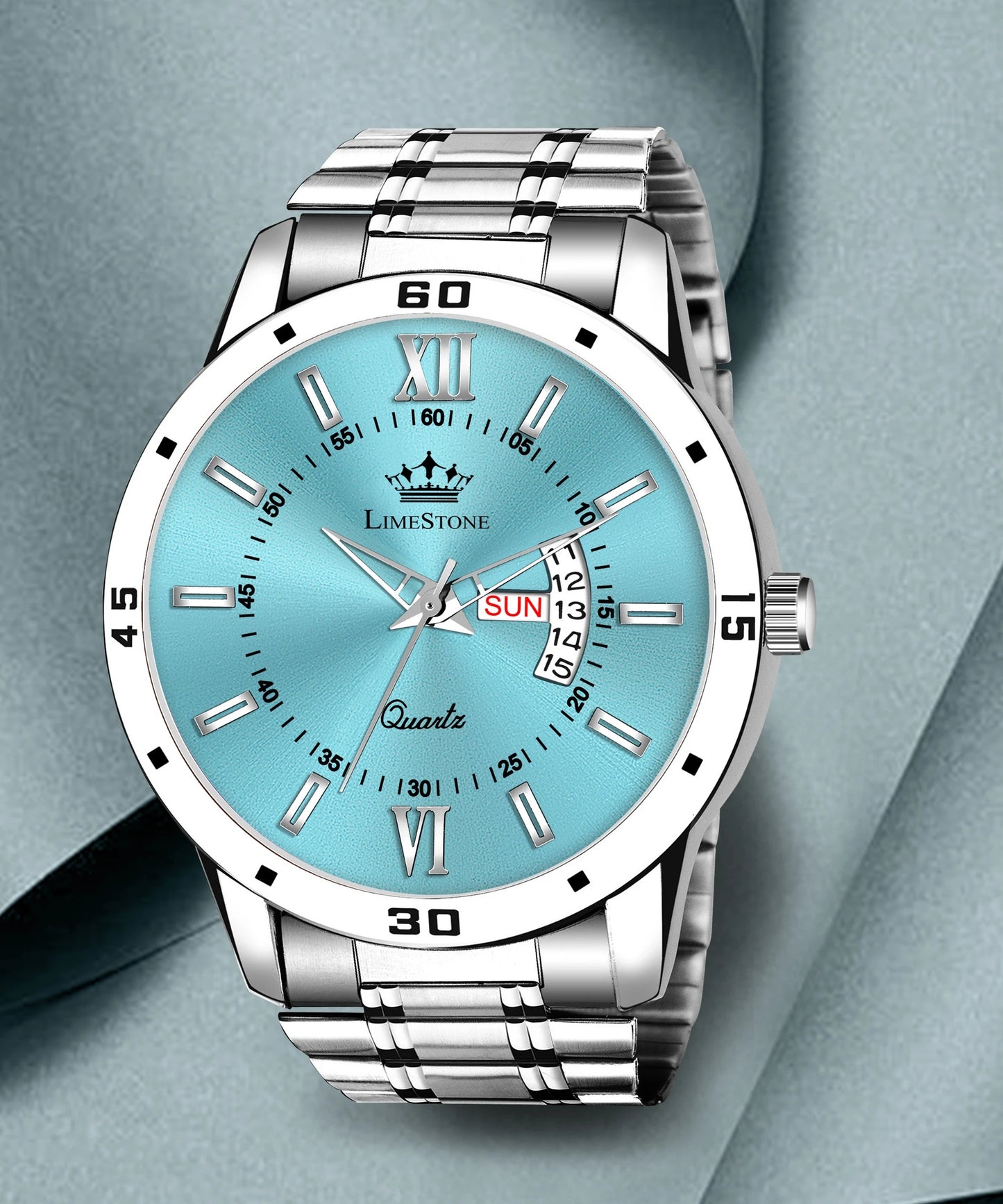 LIMESTONE Day and Date Function Ice Blue Dial Steel Chain Trending Quartz Analog Watch - For Men (LS3235)