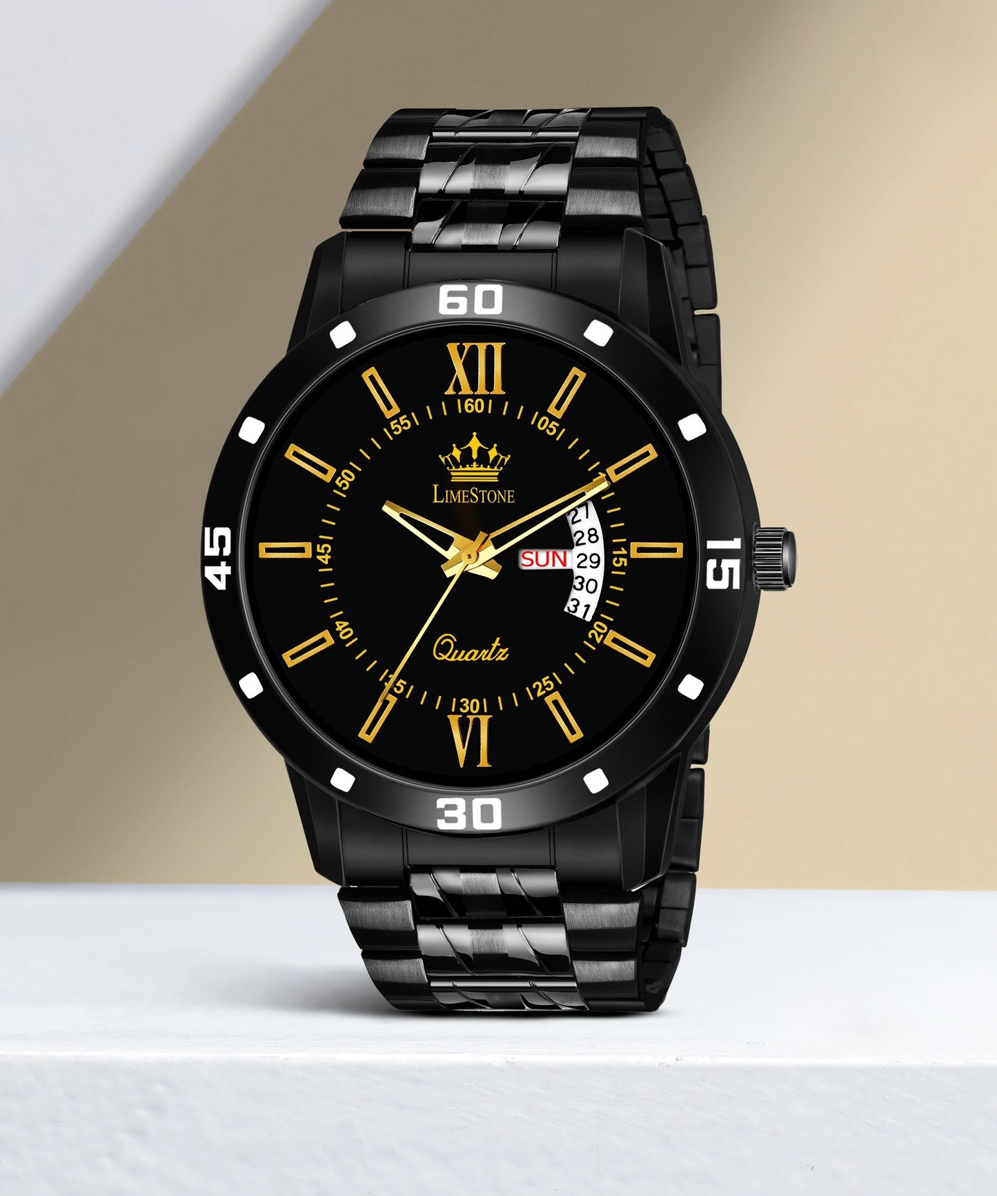 LIMESTONE All Black Day & Date Functioning Long Life Black Plated Chain HMTS Quartz Analog Watch - For Men (LS3047)
