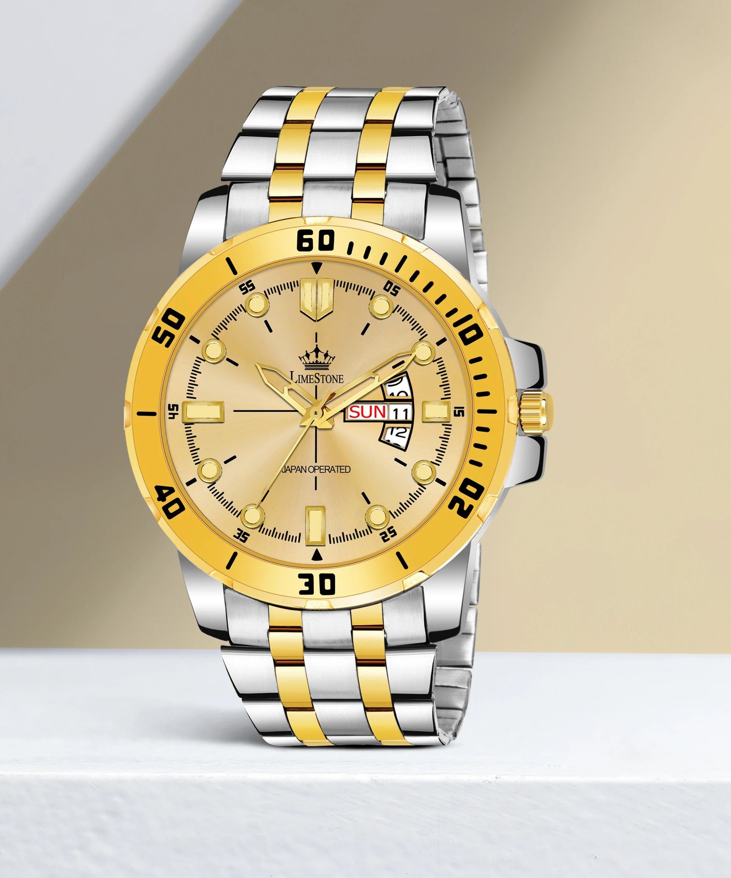 LIMESTONE Day & Date Functioning Original Gold Plated Adjustable Bracelet HMTS Quartz Analog Watch - For Men (LS3072)