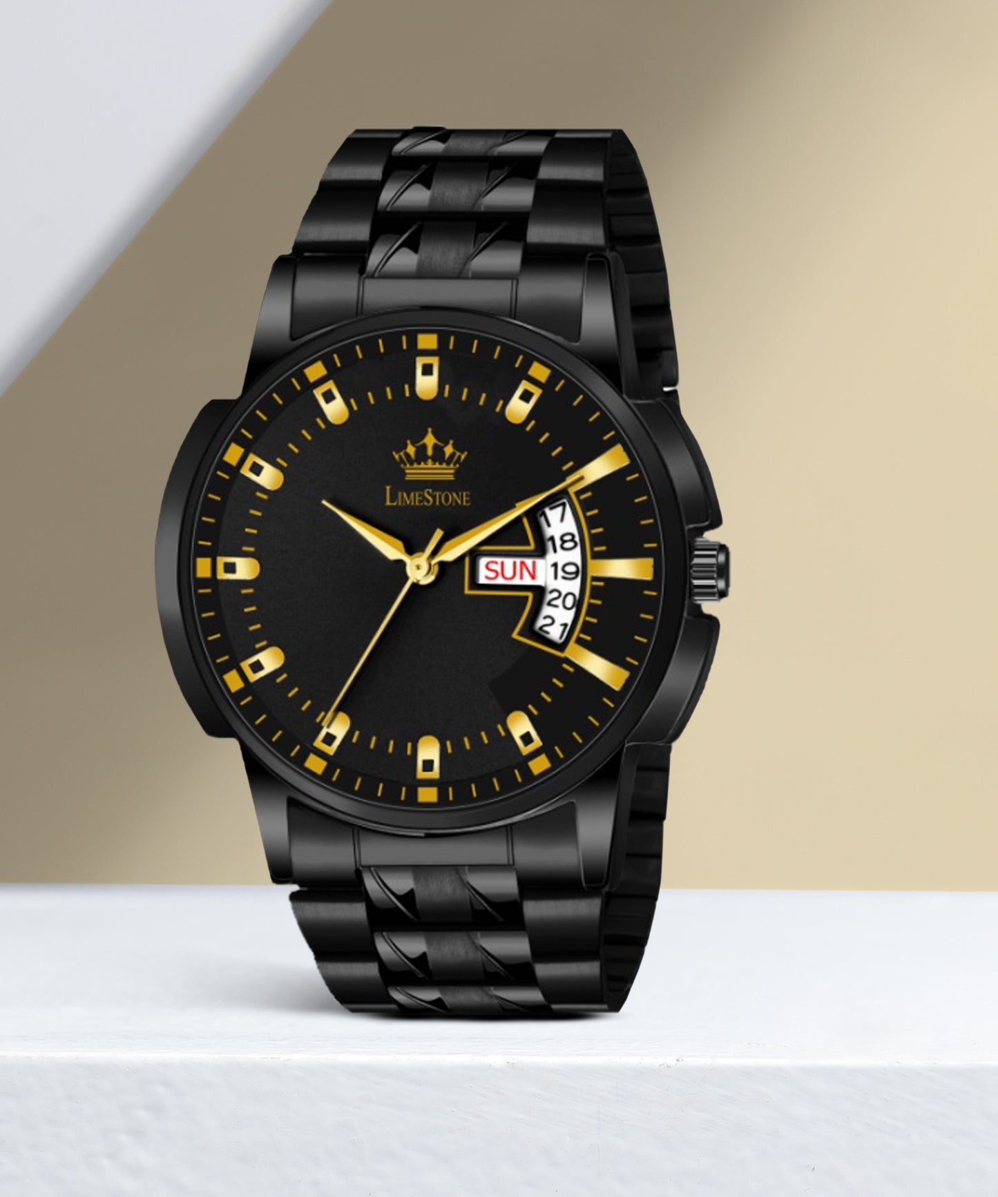 LIMESTONE All Black Day & Date Functioning Long Life Black Plated Chain HMTS Quartz Analog Watch - For Men (LS3059)