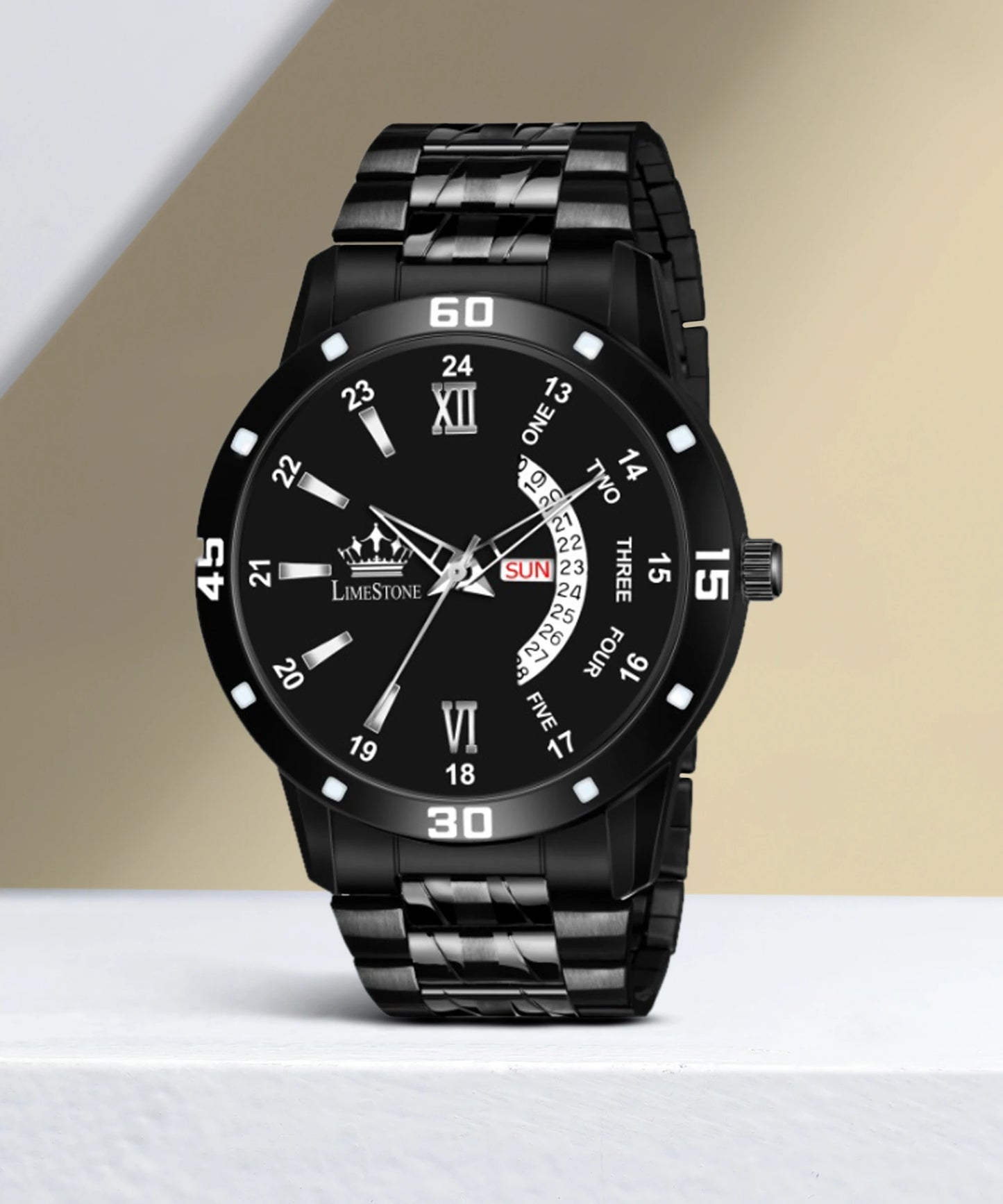 LIMESTONE All Black Day & Date Functioning Long Life Black Plated Chain HMTS Quartz Analog Watch - For Men (LS3046)