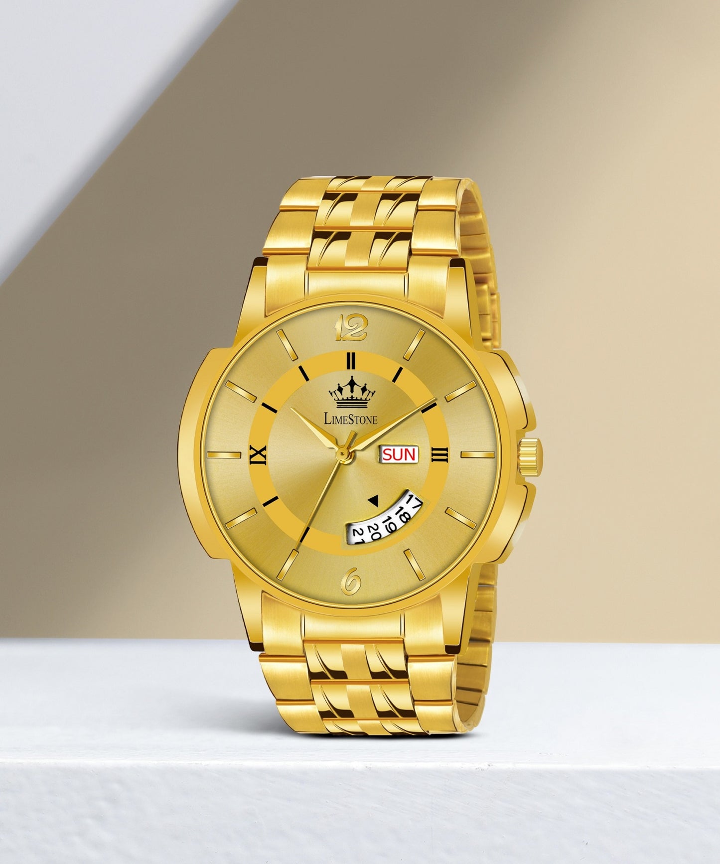 LIMESTONE Day & Date Original HMTS Gold Plated Adjsutable HMTS Bracelet Quartz Analog Watch - For Men (LS3062)