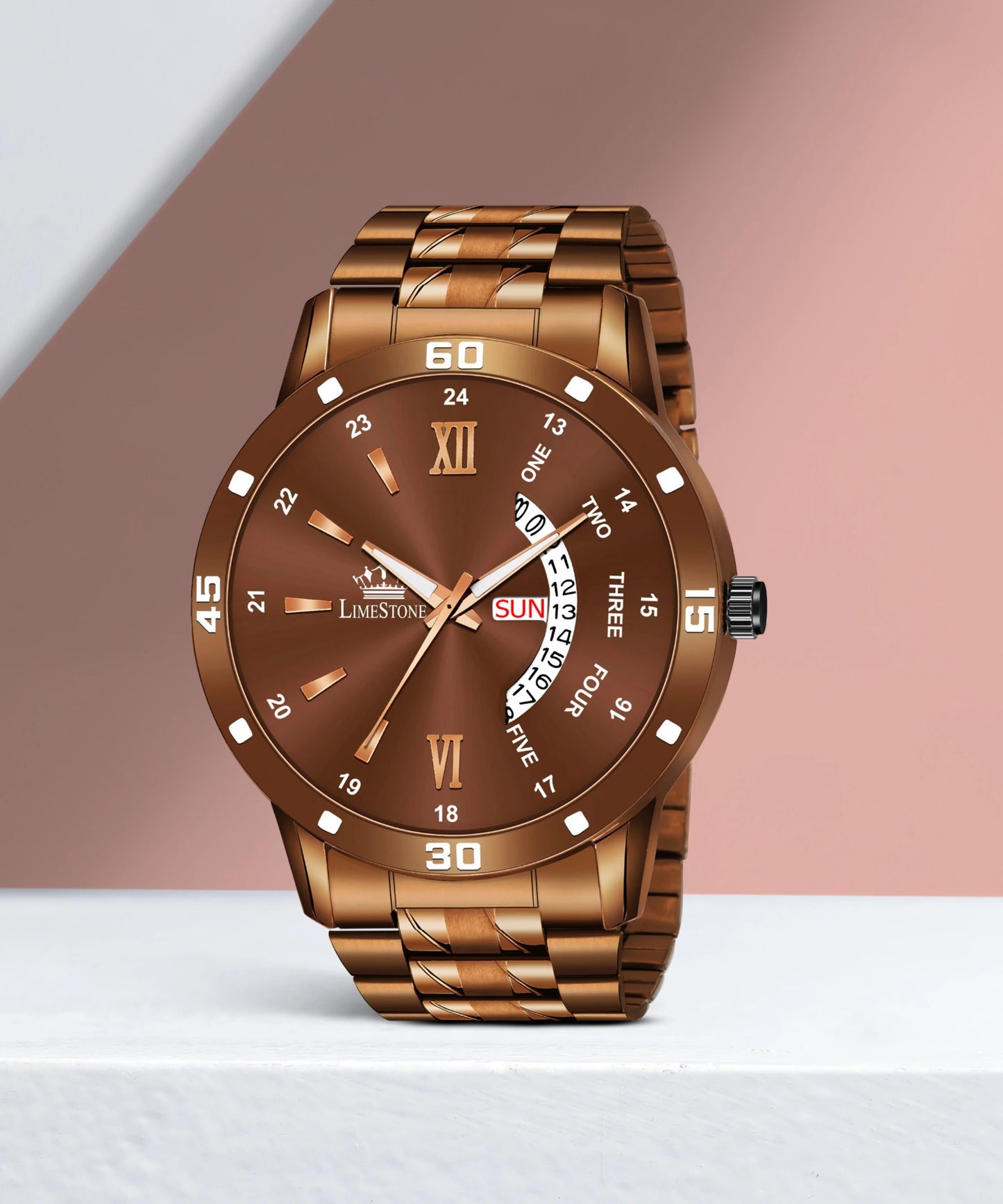 LIMESTONE Day & Date Functioning Original Copper Plated Brown Chain HMTS Quartz Analog Watch - For Men (LS3040)