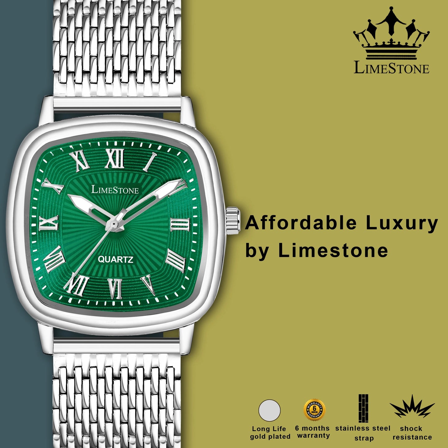 LIMESTONE Mesh Chain Stainless Steel Square Green Roman Quartz Analog Watch - For Men (LS3298)