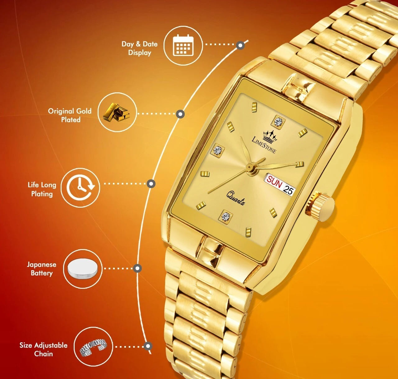 LIMESTONE Day & Date Functioning Original Gold Plated HMTS Quartz Analog Watch - For Men (LS3030)