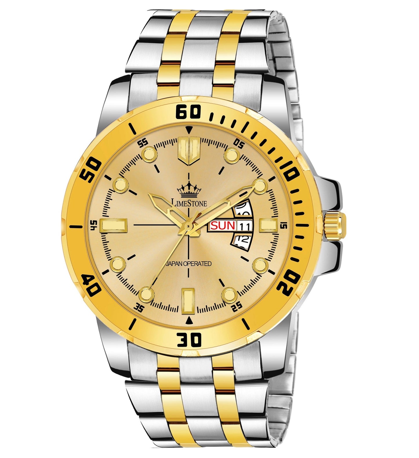 LIMESTONE Day & Date Functioning Original Gold Plated Adjustable Bracelet HMTS Quartz Analog Watch - For Men (LS3072)