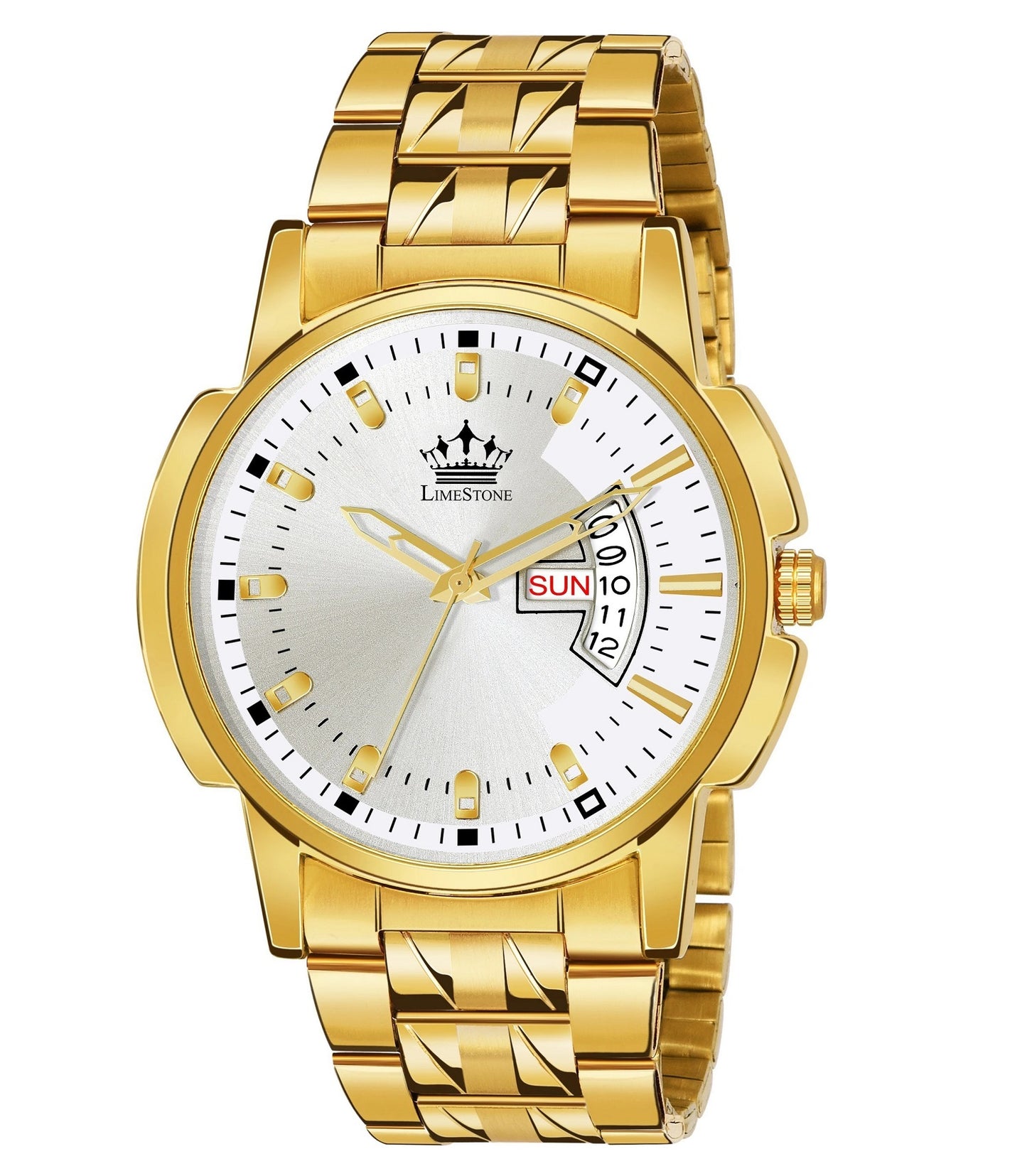 LIMESTONE Day & Date Original Gold Plated HMTS Adjsutable Bracelet Quartz Analog Watch - For Men (LS2893)