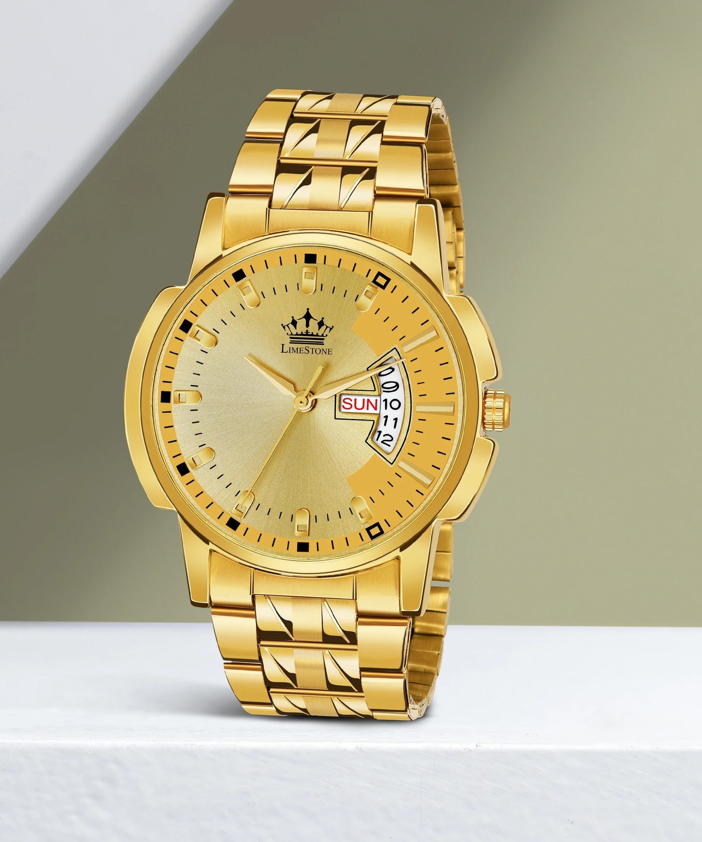LIMESTONE Day & Date Original HMTS Gold Plated Adjsutable HMTS Bracelet Quartz Analog Watch - For Men (LS2890)