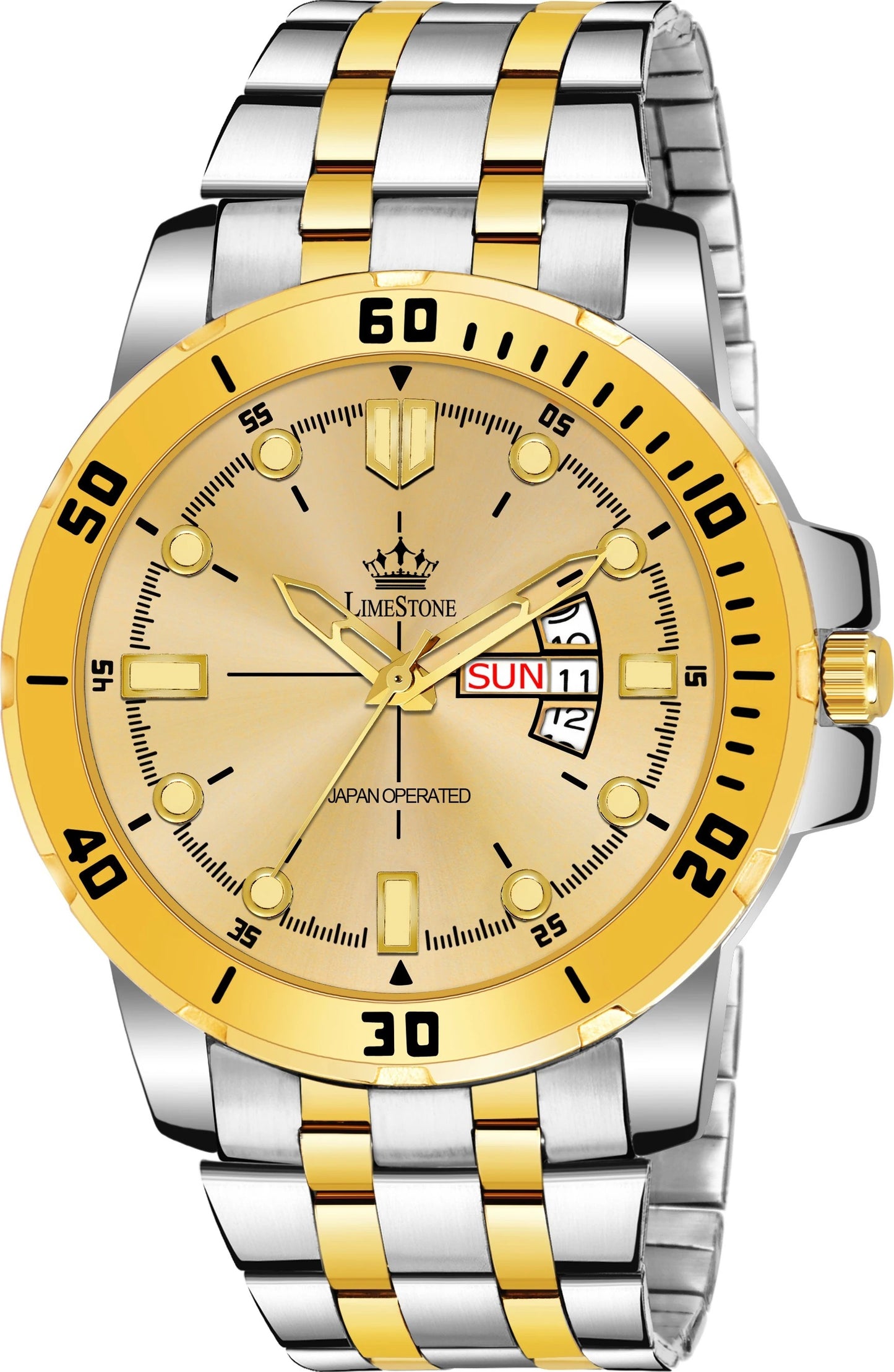 LIMESTONE Day & Date Functioning Original Gold Plated Adjustable Bracelet HMTS Quartz Analog Watch - For Men (LS3072)