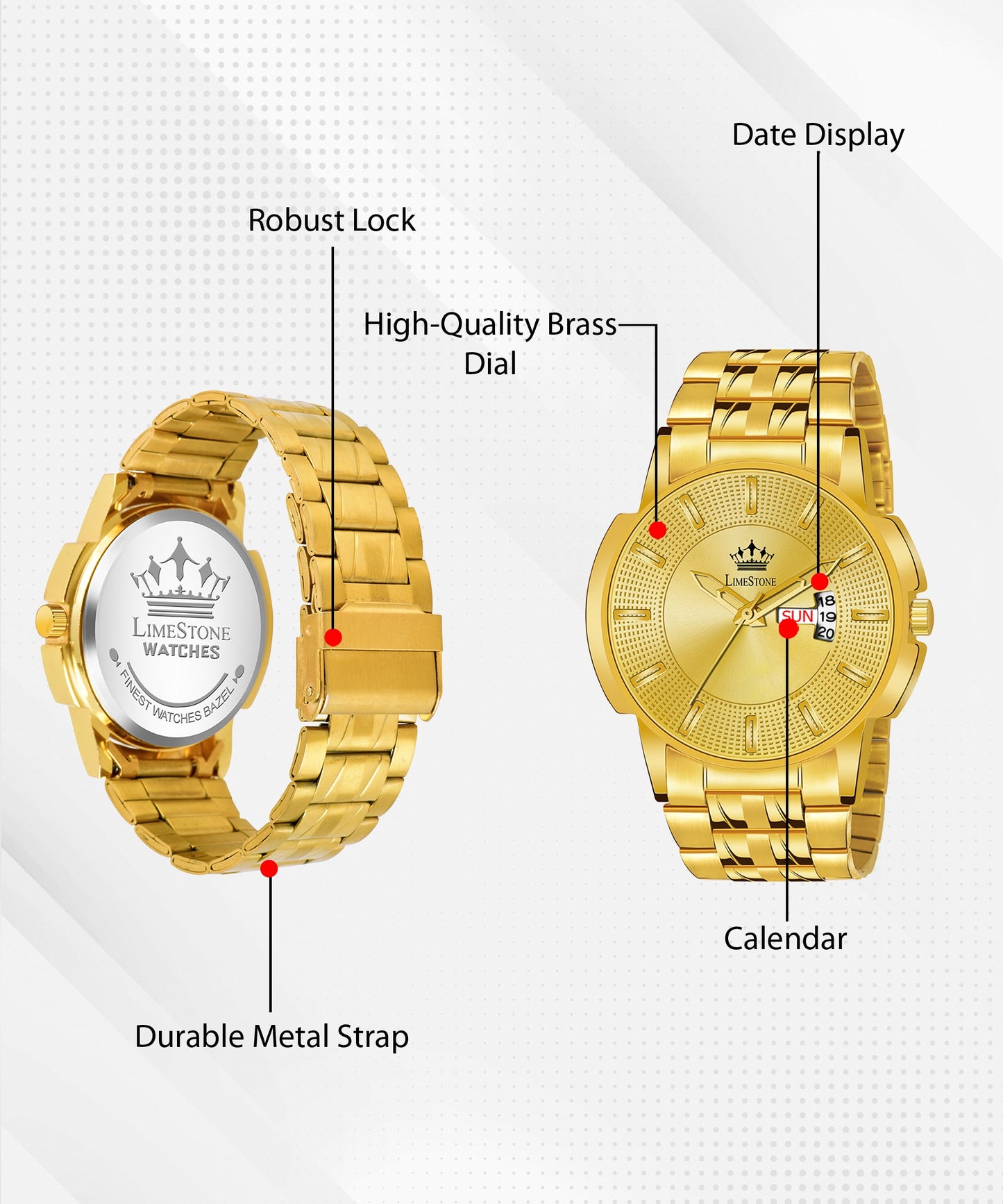 LIMESTONE Day & Date Original HMTS Gold Plated Adjustable HMTS Bracelet Quartz Analog Watch - For Men (LS3061)