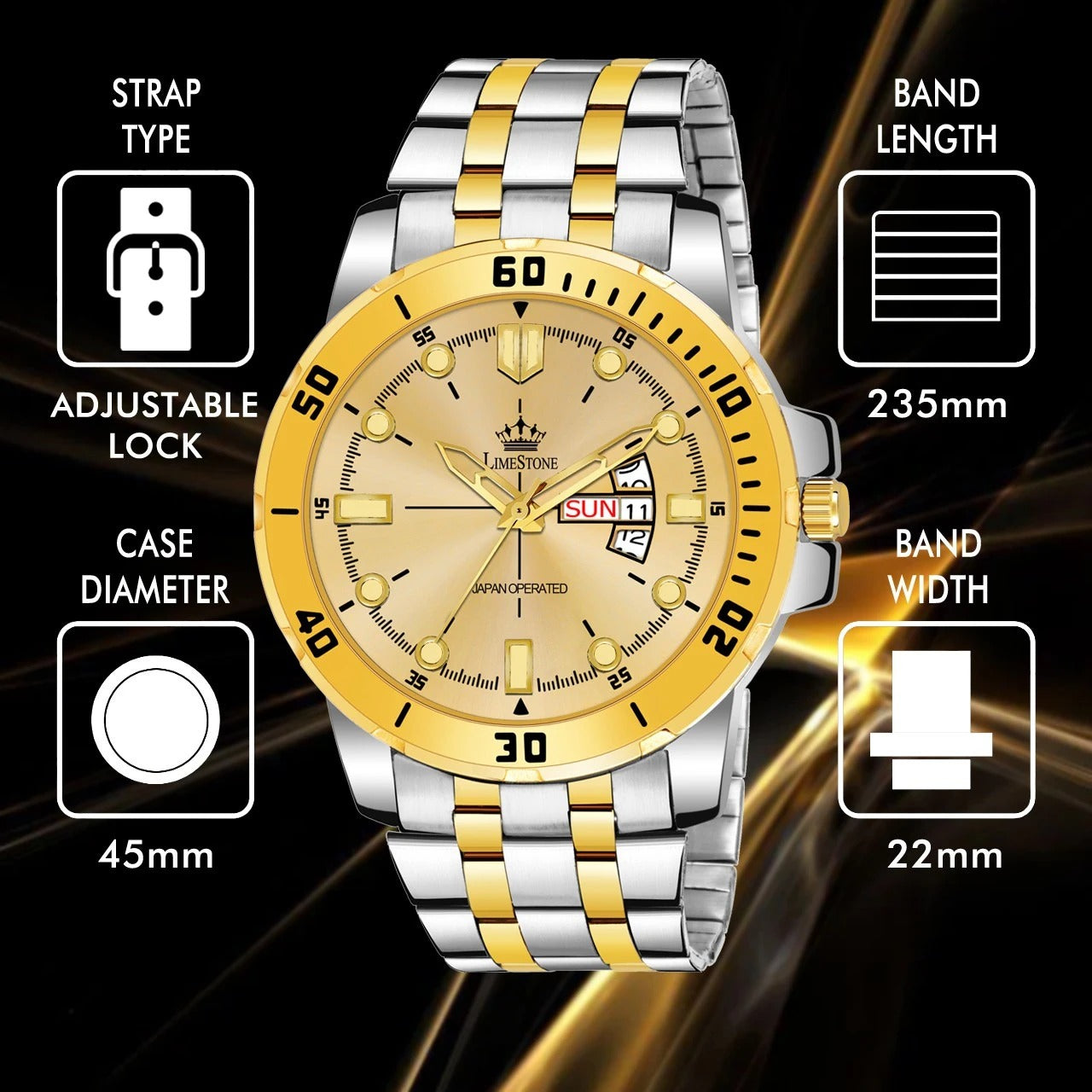 LIMESTONE Day & Date Functioning Original Gold Plated Adjustable Bracelet HMTS Quartz Analog Watch - For Men (LS3072)