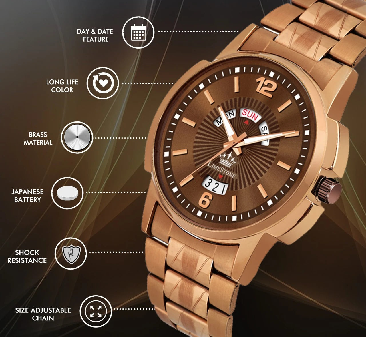 LIMESTONE Day & Date Functioning Original Copper Plated Brown Chain HMTS Quartz Analog Watch - For Men (LS3045)