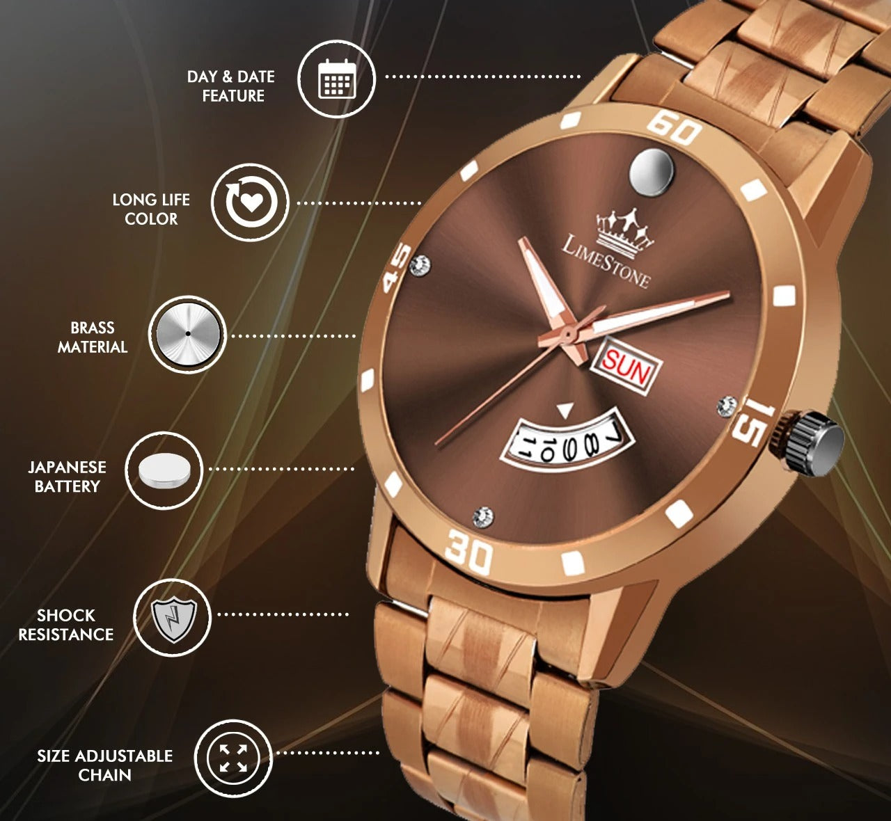 LIMESTONE HMTS Day & Date Functioning Original Copper Plated Brown Chain HMTS Quartz Analog Watch - For Men (LS3044)