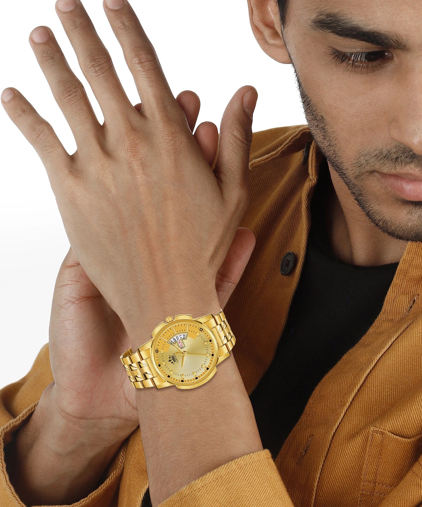 LIMESTONE Day & Date Original HMTS Gold Plated Adjsutable HMTS Bracelet Quartz Analog Watch - For Men (LS2890)