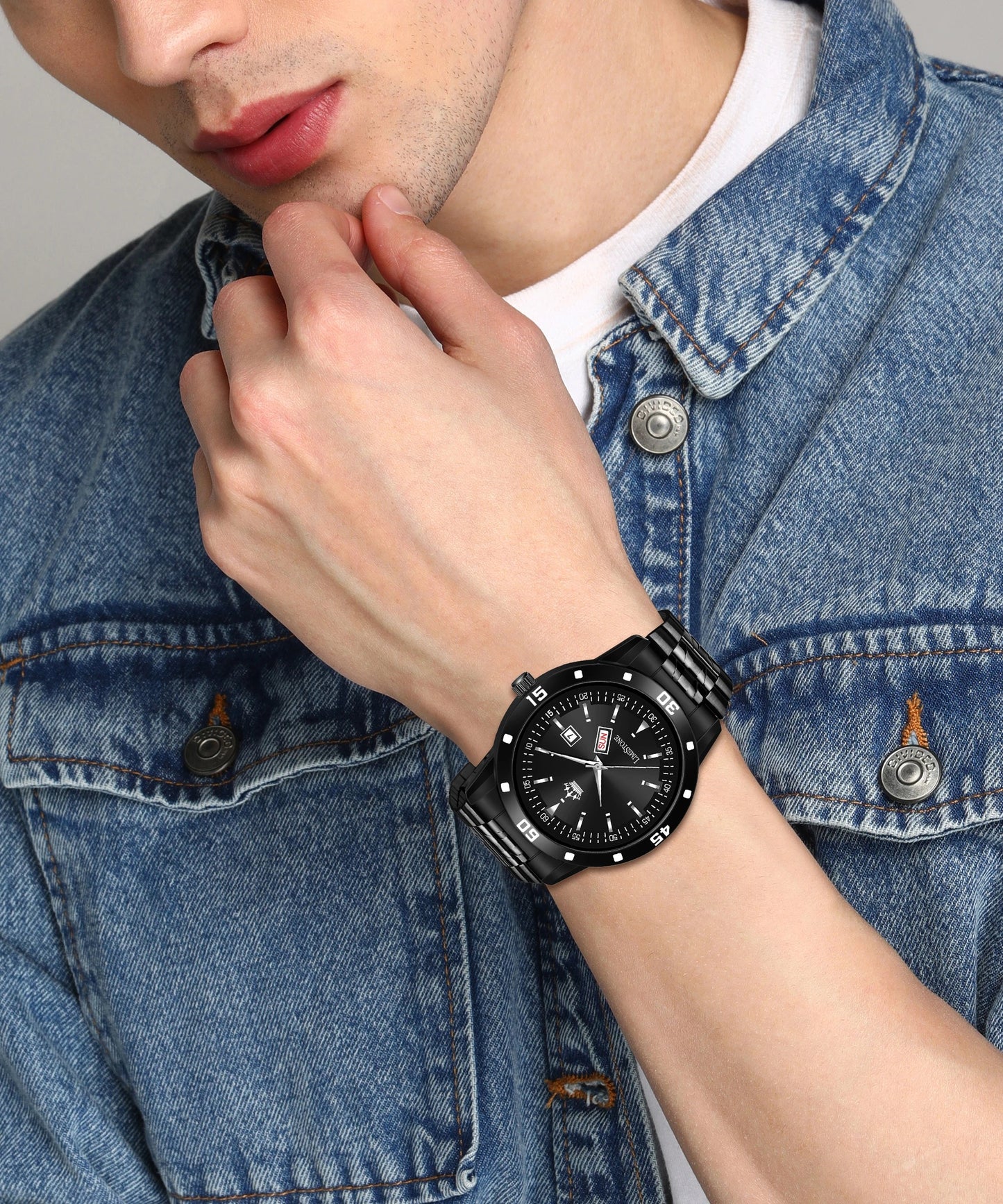 LIMESTONE All Black Day & Date Functioning Long Life Black Plated Chain HMTS Quartz Analog Watch - For Men (LS3050)