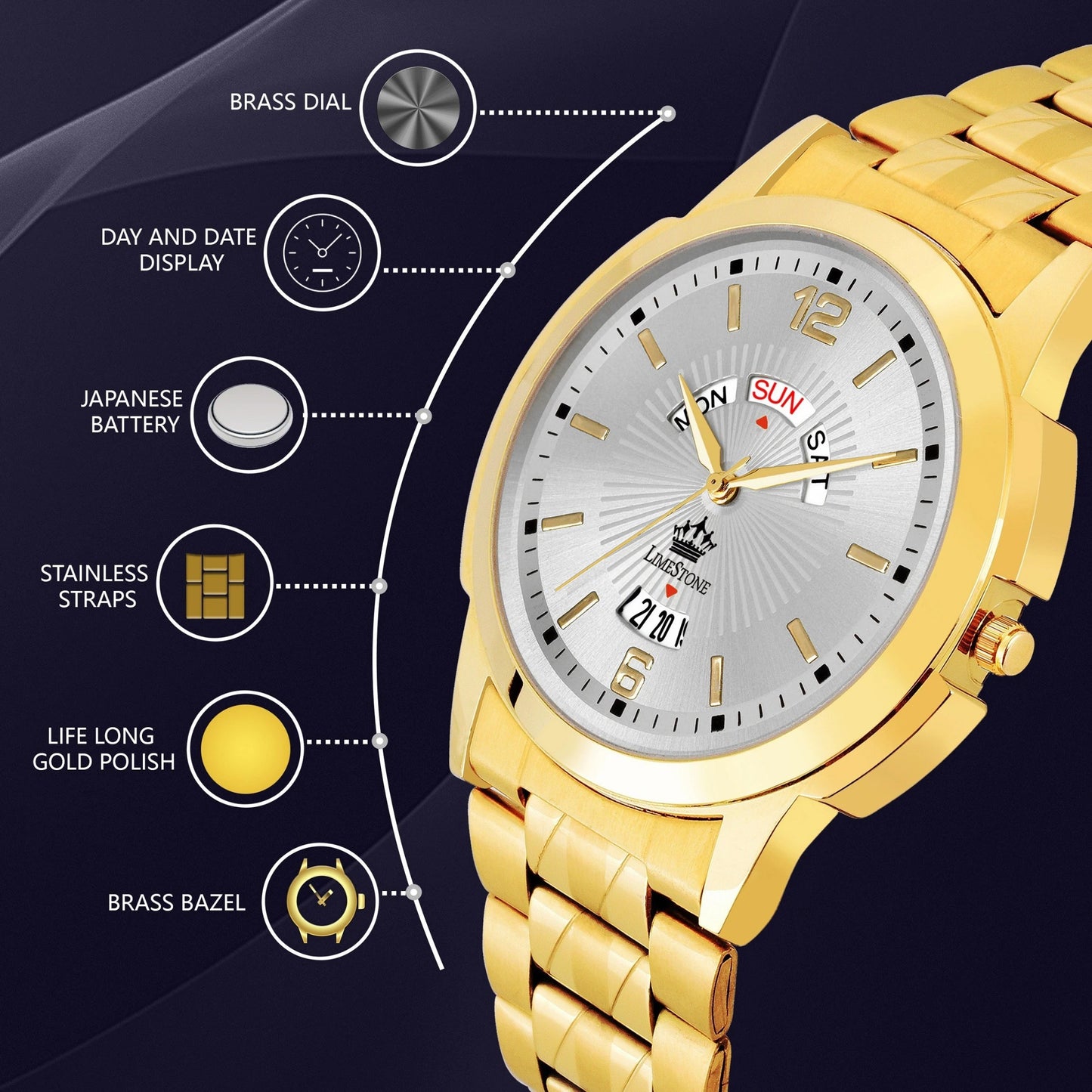 LIMESTONE Day & Date Original Gold Plated HMTS Quartz Analog Watch - For Men (LS2997)