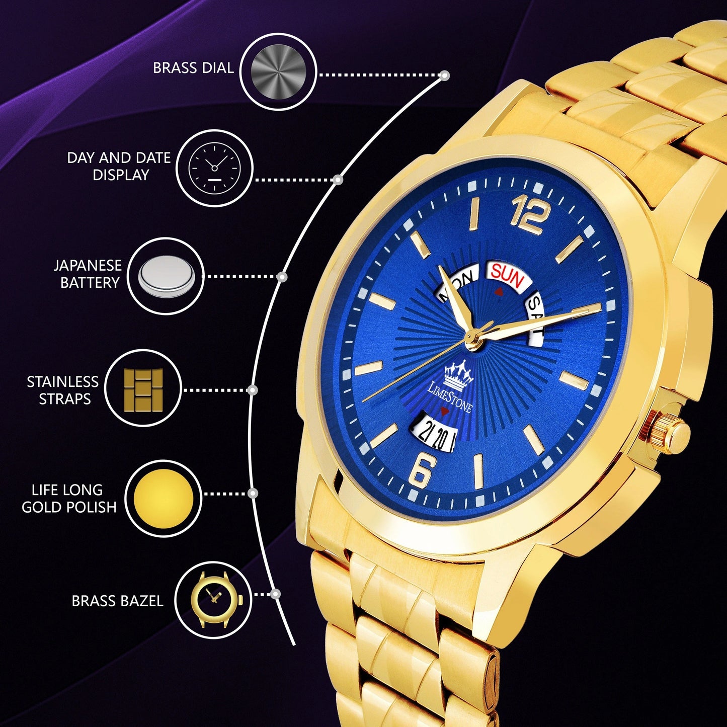 LIMESTONE Day & Date Original Gold Plated HMTS Quartz Analog Watch - For Men (LS2813)