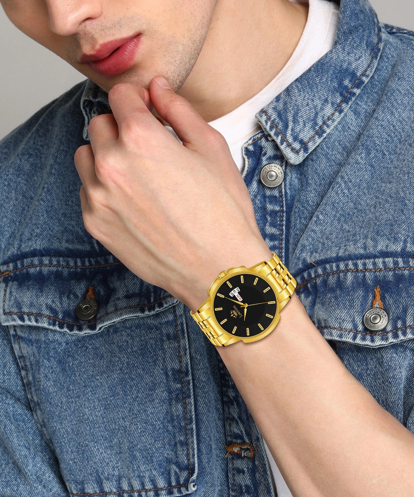 LIMESTONE Day & Date Functioning Original Gold Plated Adjustable Bracelet HMTS Quartz Analog Watch - For Men (LS3065)
