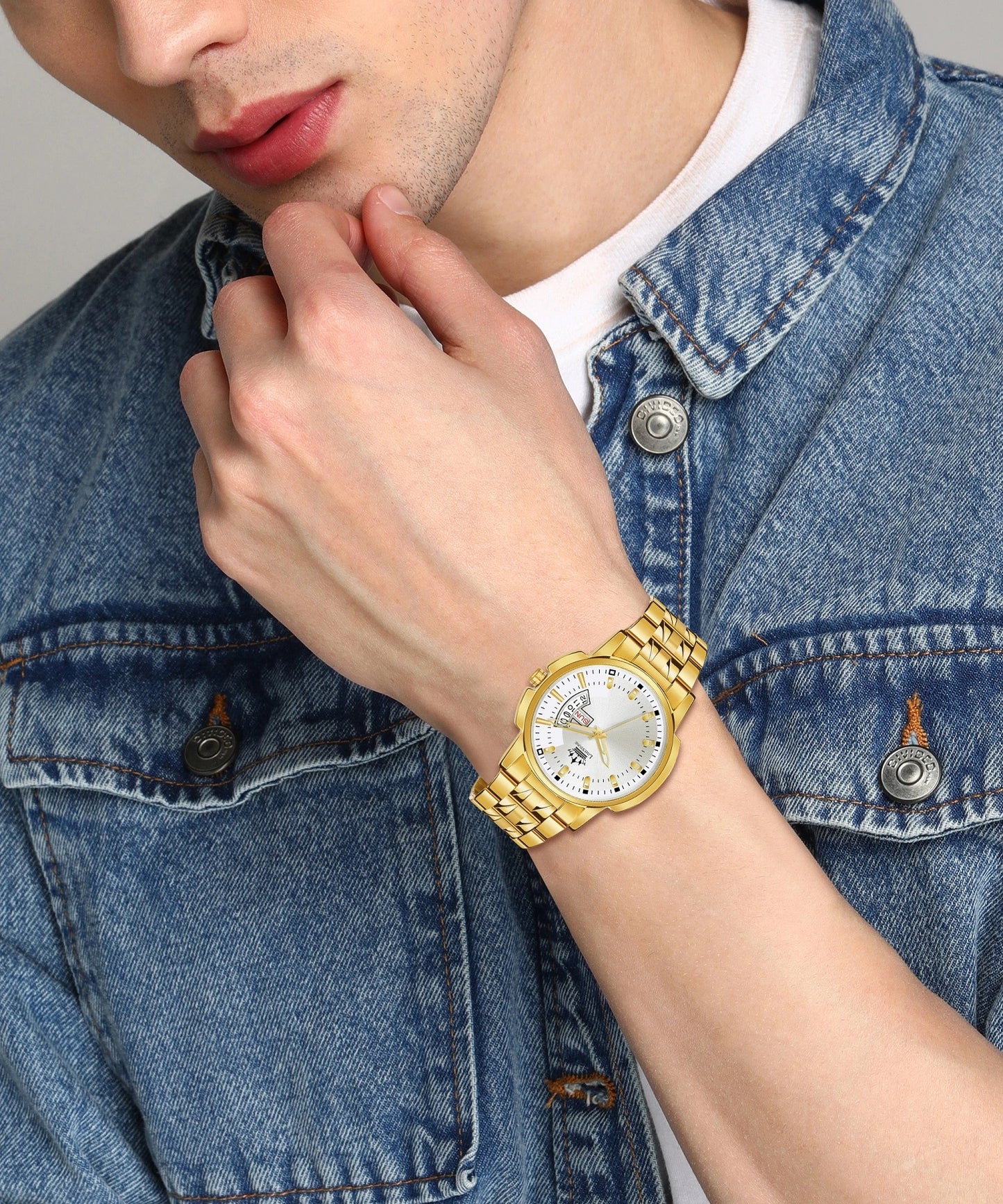 LIMESTONE Day & Date Original Gold Plated HMTS Adjsutable Bracelet Quartz Analog Watch - For Men (LS2893)