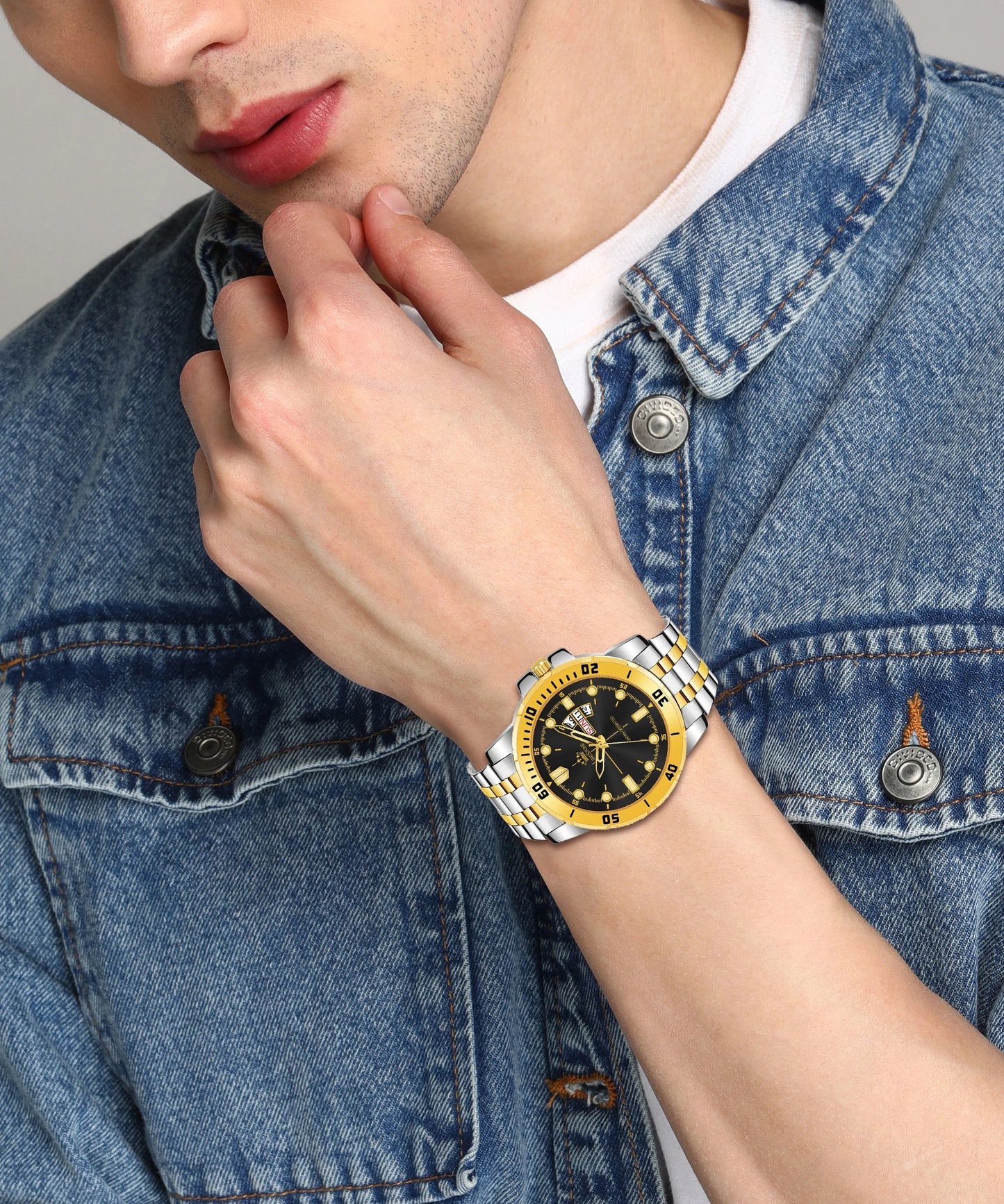 LIMESTONE Day & Date Functioning Original Gold Plated Adjustable Bracelet HMTS Quartz Analog Watch - For Men (LS3071)