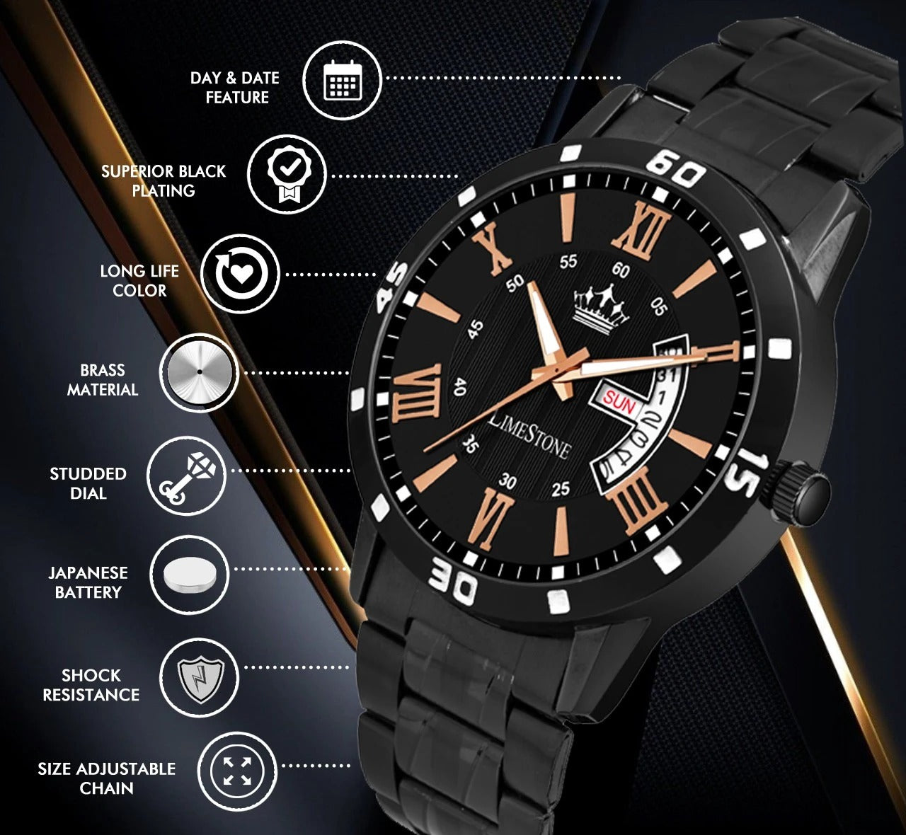 LIMESTONE All Black Day & Date Functioning Long Life Black Plated Chain HMTS Quartz Analog Watch - For Men (LS3048)