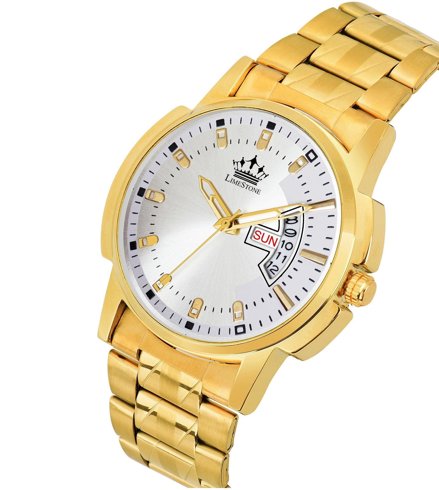 LIMESTONE Day & Date Original Gold Plated HMTS Adjsutable Bracelet Quartz Analog Watch - For Men (LS2893)