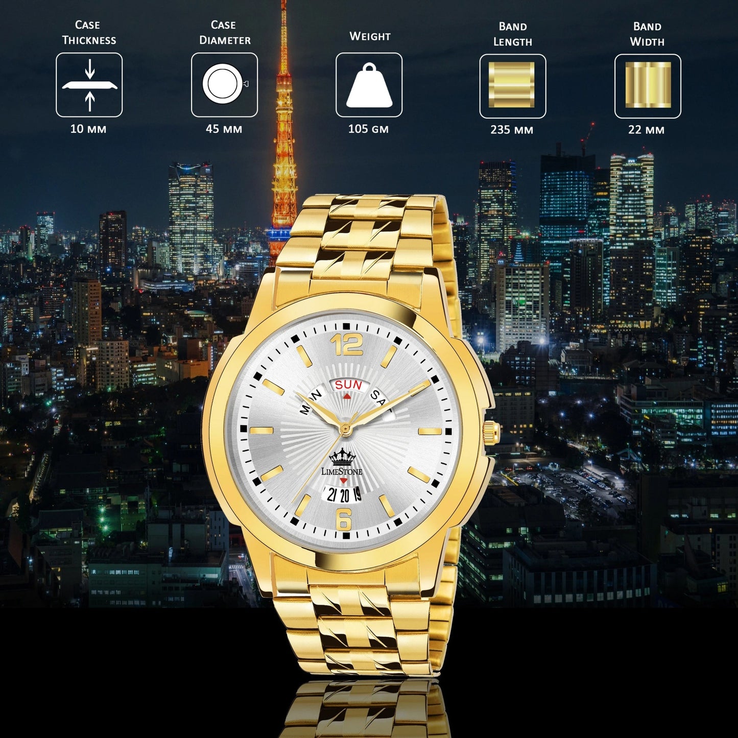 LIMESTONE Day & Date Original Gold Plated HMTS Quartz Analog Watch - For Men (LS2997)