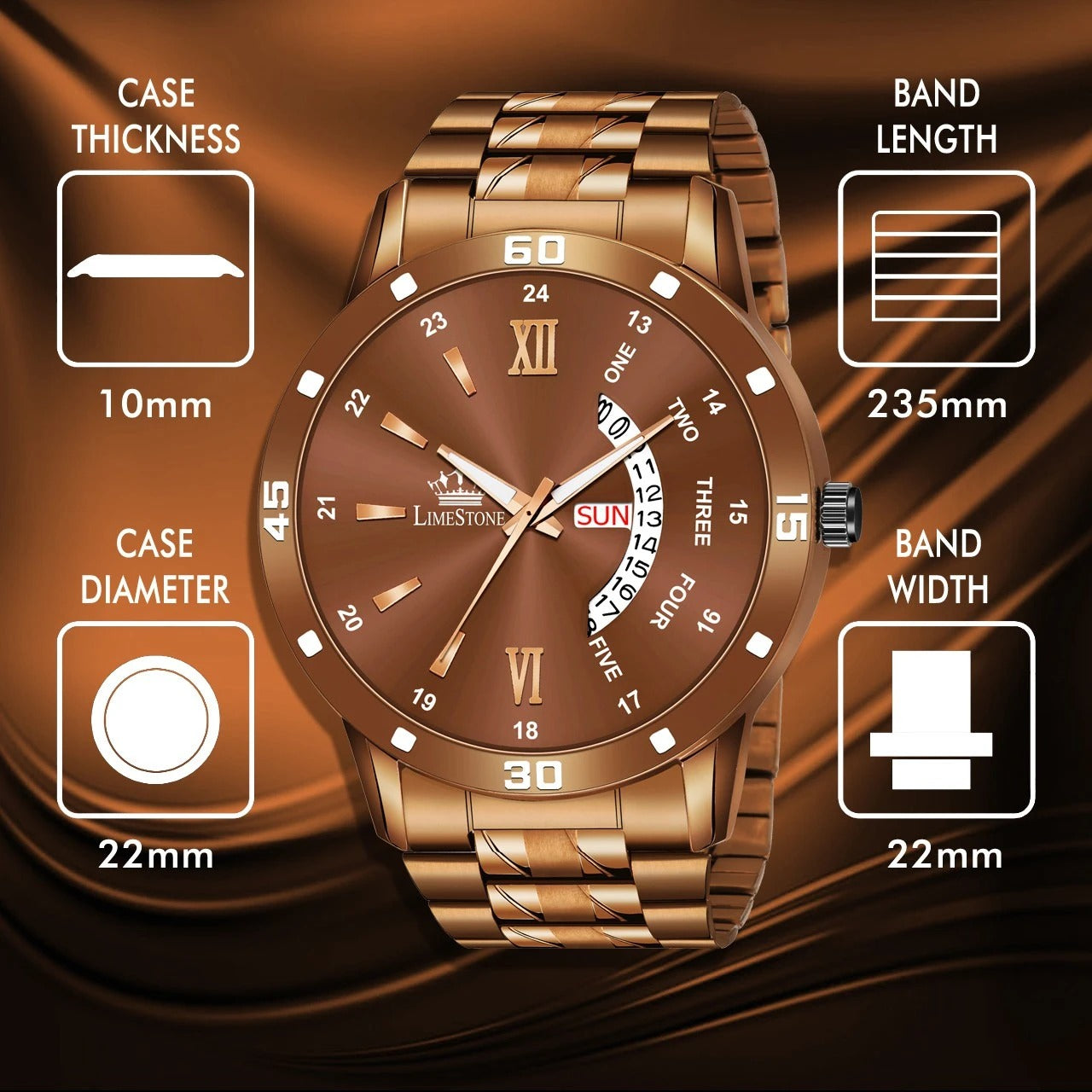 LIMESTONE Day & Date Functioning Original Copper Plated Brown Chain HMTS Quartz Analog Watch - For Men (LS3040)