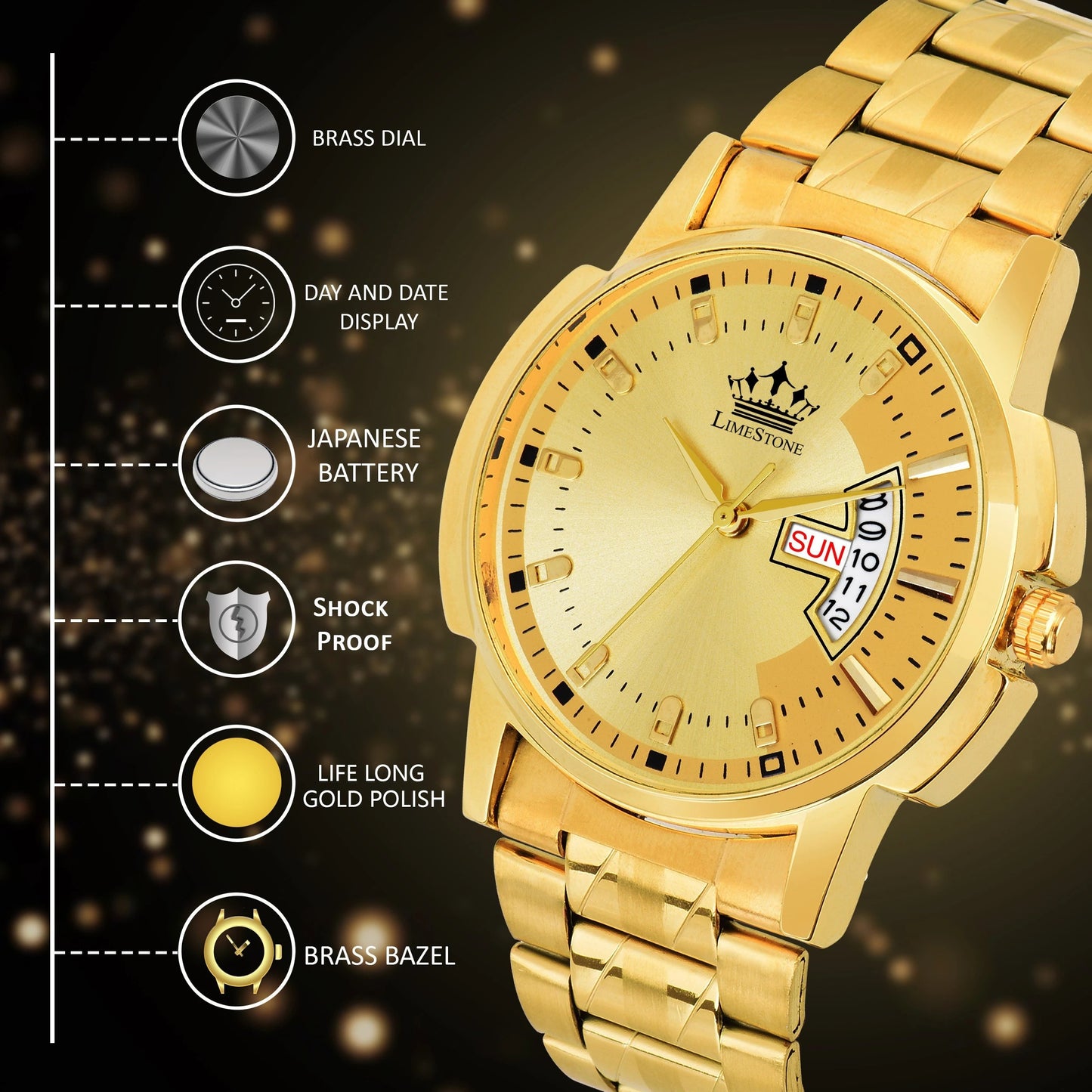 LIMESTONE Day & Date Original HMTS Gold Plated Adjsutable HMTS Bracelet Quartz Analog Watch - For Men (LS2890)