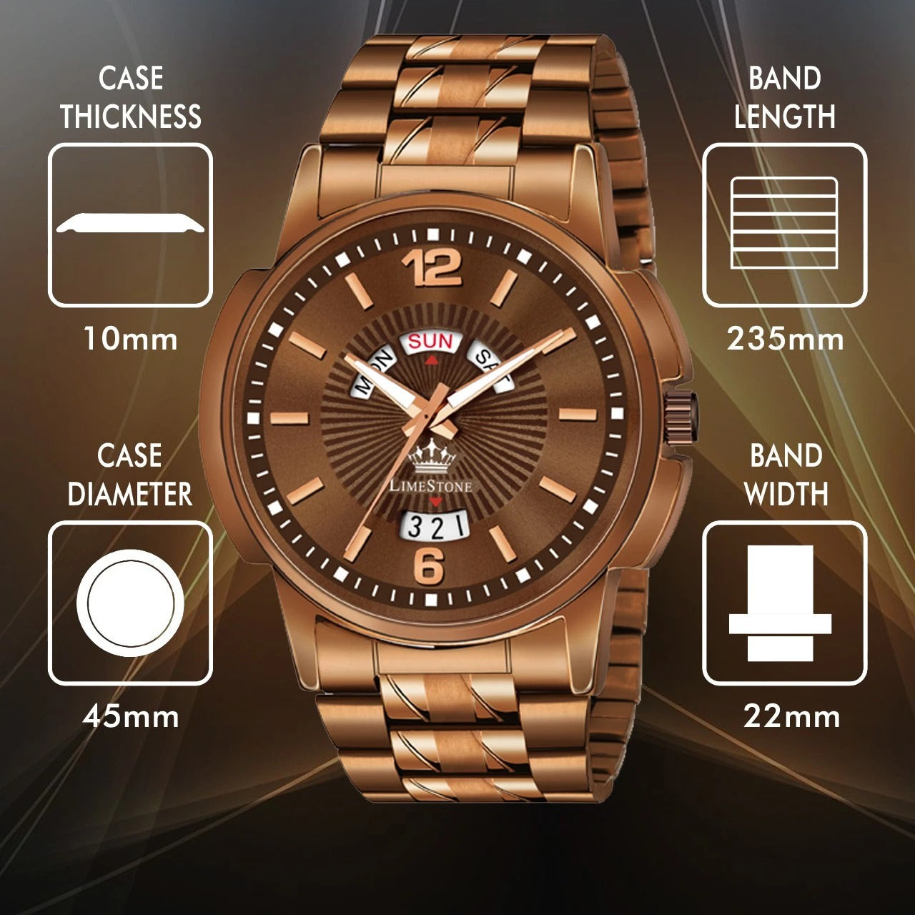 LIMESTONE Day & Date Functioning Original Copper Plated Brown Chain HMTS Quartz Analog Watch - For Men (LS3045)