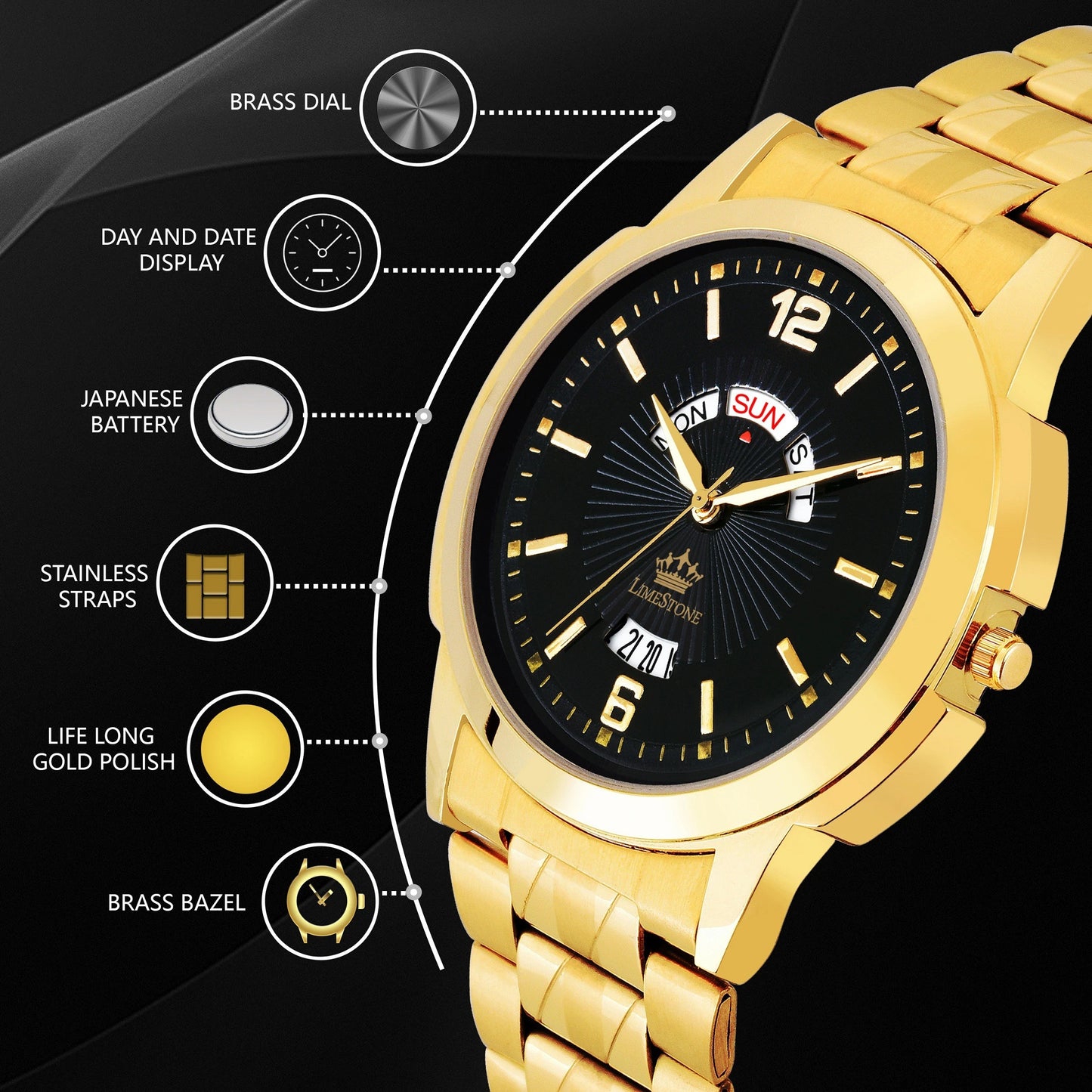 LIMESTONE Day & Date Original Gold Plated HMTS Quartz Analog Watch - For Men (LS2812)
