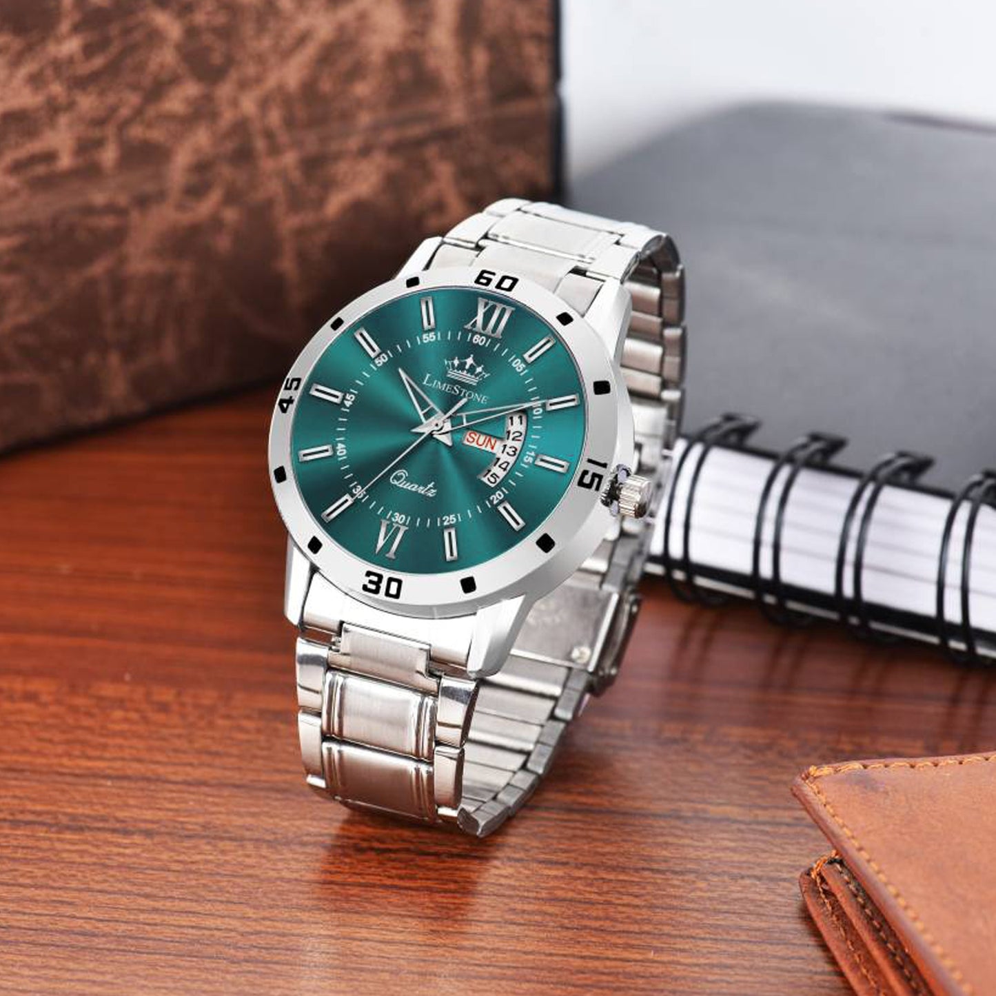 LIMESTONE Day and Date Functioning Olive Green Dial Metal Strap Quartz Water Resistant Analog Watch - For Men (LS3225)