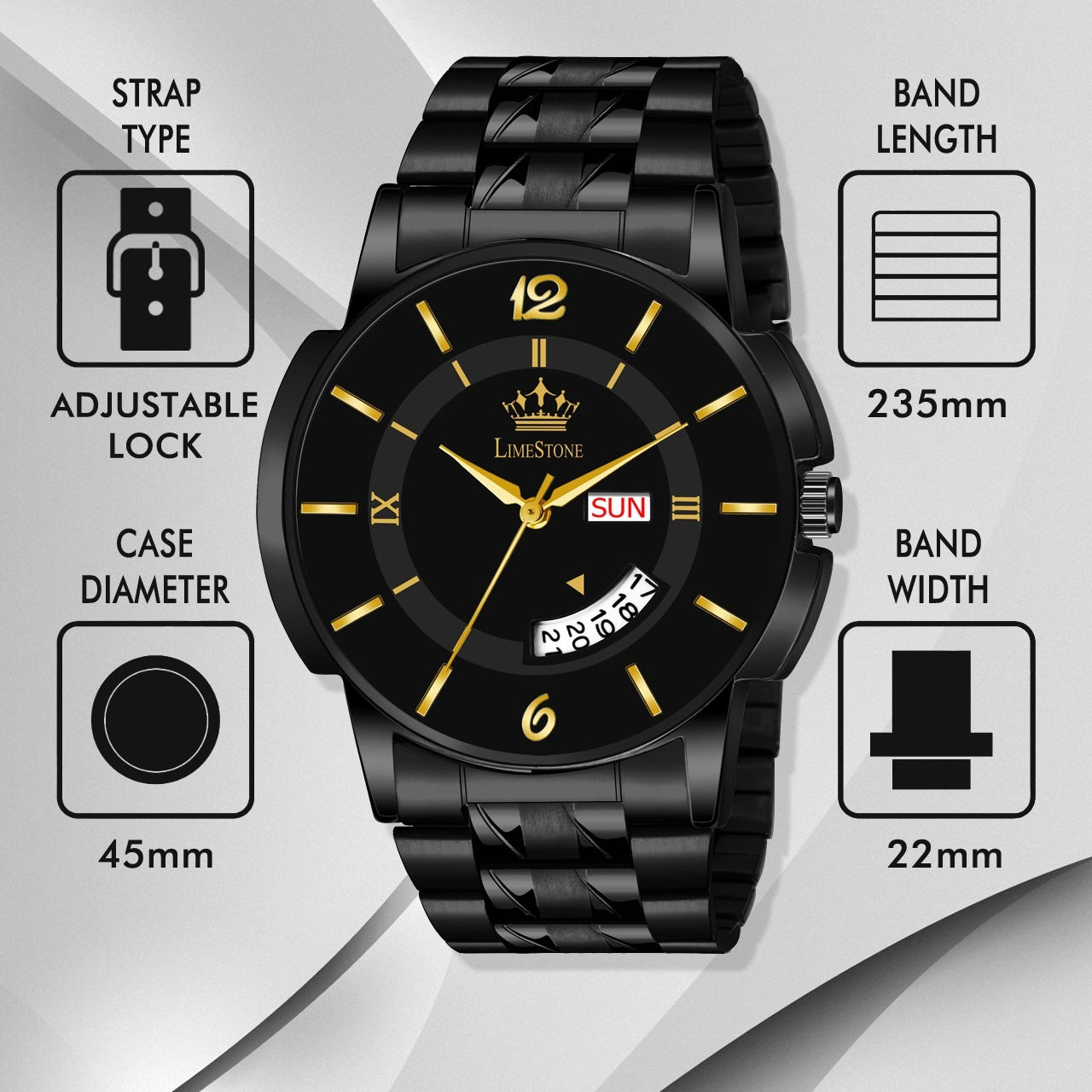 LIMESTONE All Black Day & Date Functioning Long Life Black Plated Chain HMTS Quartz Analog Watch - For Men (LS3078)