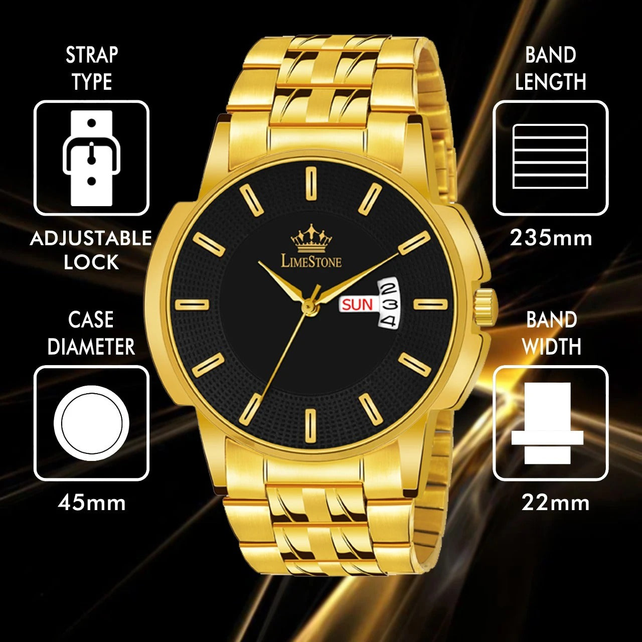 LIMESTONE Day & Date Functioning Original Gold Plated Adjustable Bracelet HMTS Quartz Analog Watch - For Men (LS3064)