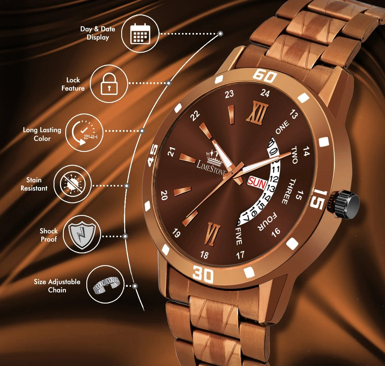 LIMESTONE Day & Date Functioning Original Copper Plated Brown Chain HMTS Quartz Analog Watch - For Men (LS3040)