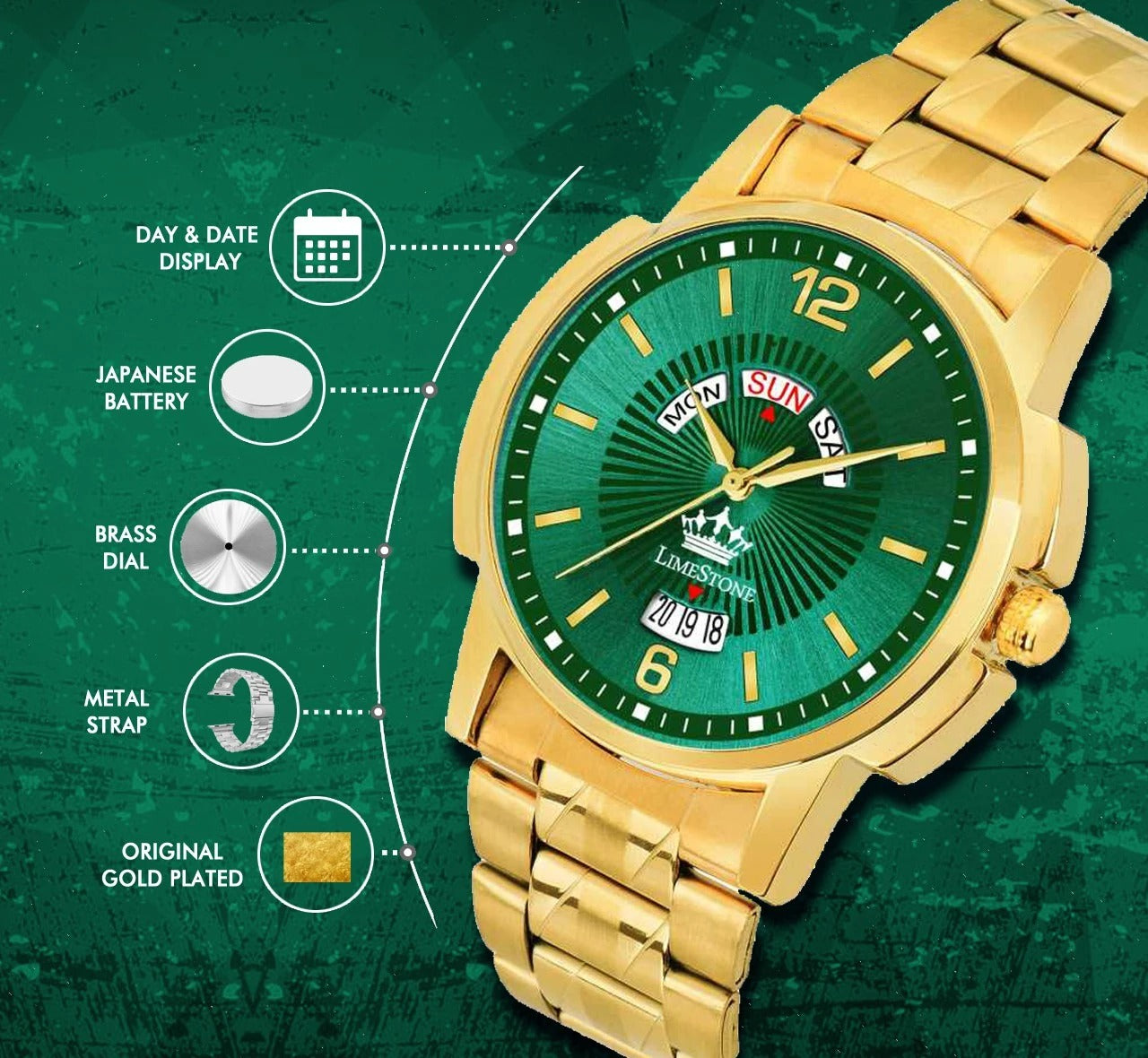 LIMESTONE Day & Date Original Gold Plated HMTS Quartz Analog Watch - For Men (LS2911)