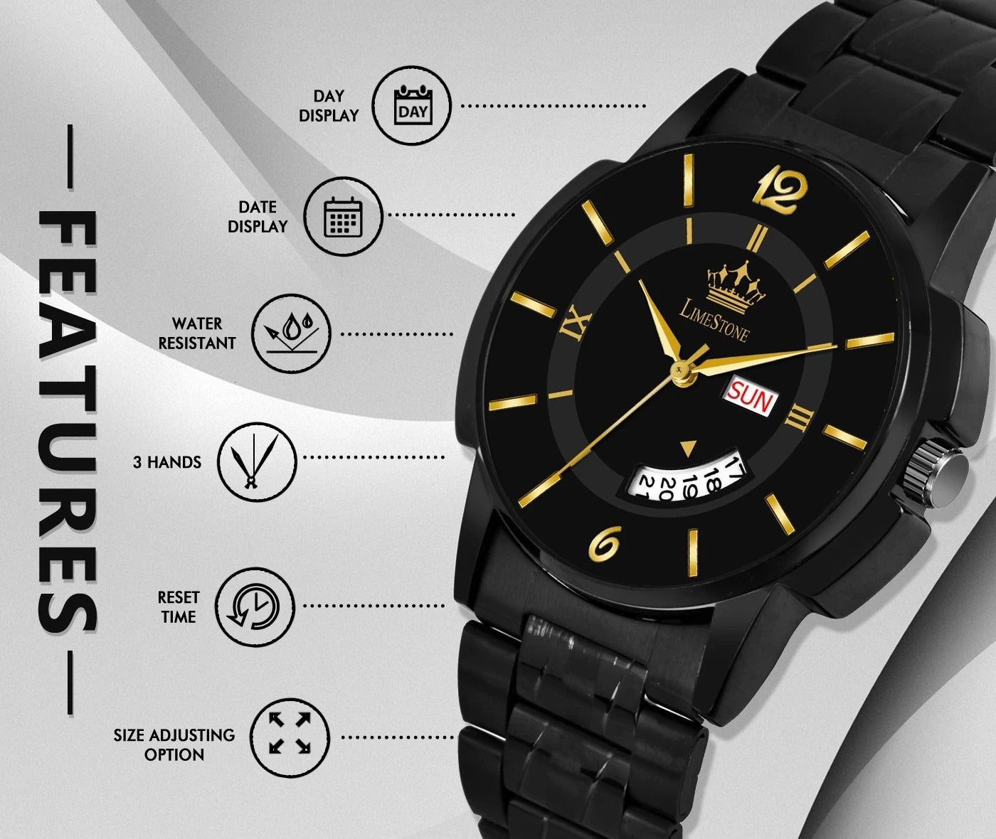 LIMESTONE All Black Day & Date Functioning Long Life Black Plated Chain HMTS Quartz Analog Watch - For Men (LS3078)
