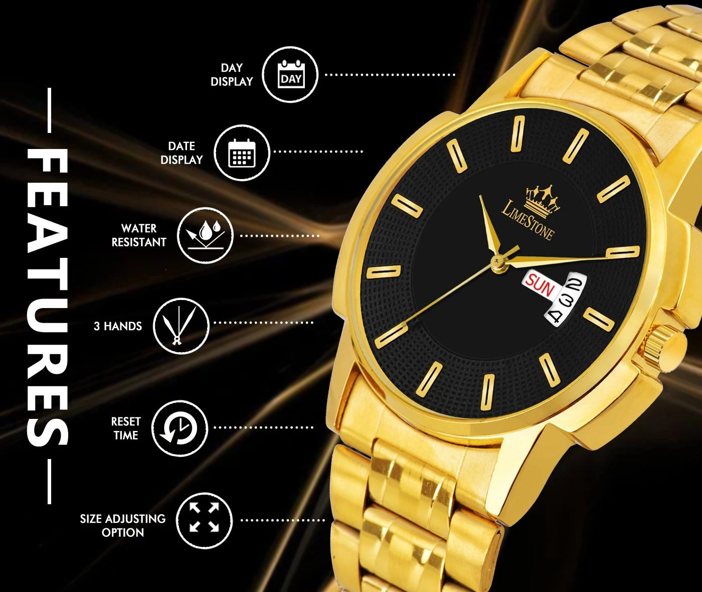 LIMESTONE Day & Date Functioning Original Gold Plated Adjustable Bracelet HMTS Quartz Analog Watch - For Men (LS3065)