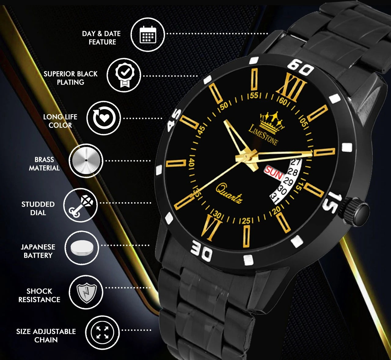LIMESTONE All Black Day & Date Functioning Long Life Black Plated Chain HMTS Quartz Analog Watch - For Men (LS3047)