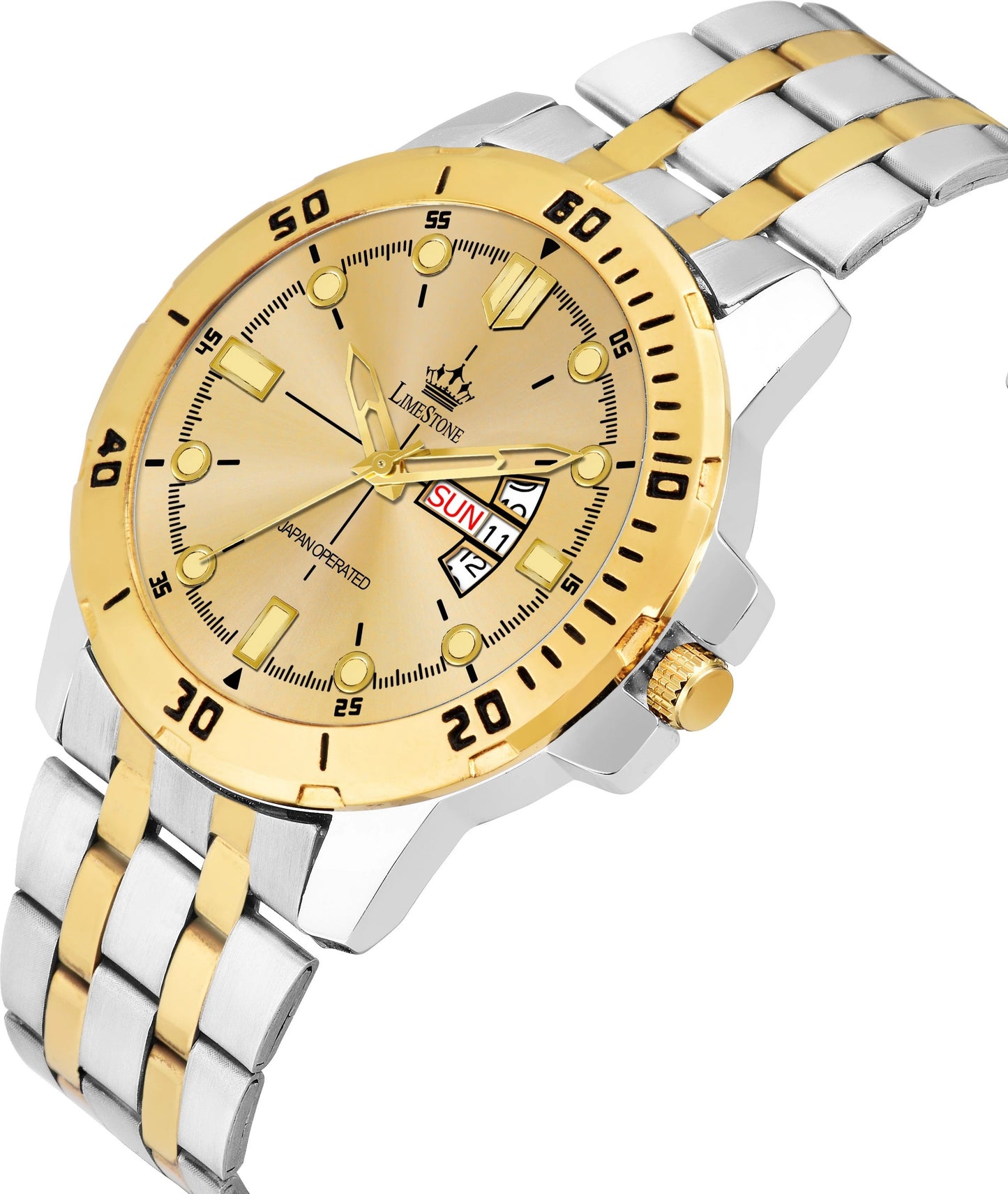 LIMESTONE Day & Date Functioning Original Gold Plated Adjustable Bracelet HMTS Quartz Analog Watch - For Men (LS3072)