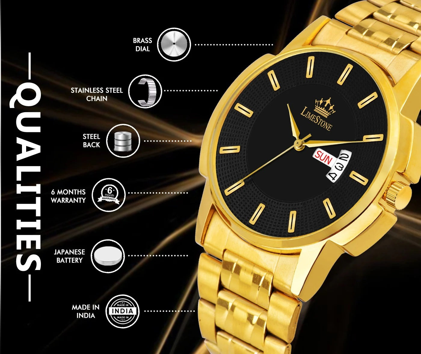LIMESTONE Day & Date Functioning Original Gold Plated Adjustable Bracelet HMTS Quartz Analog Watch - For Men (LS3064)