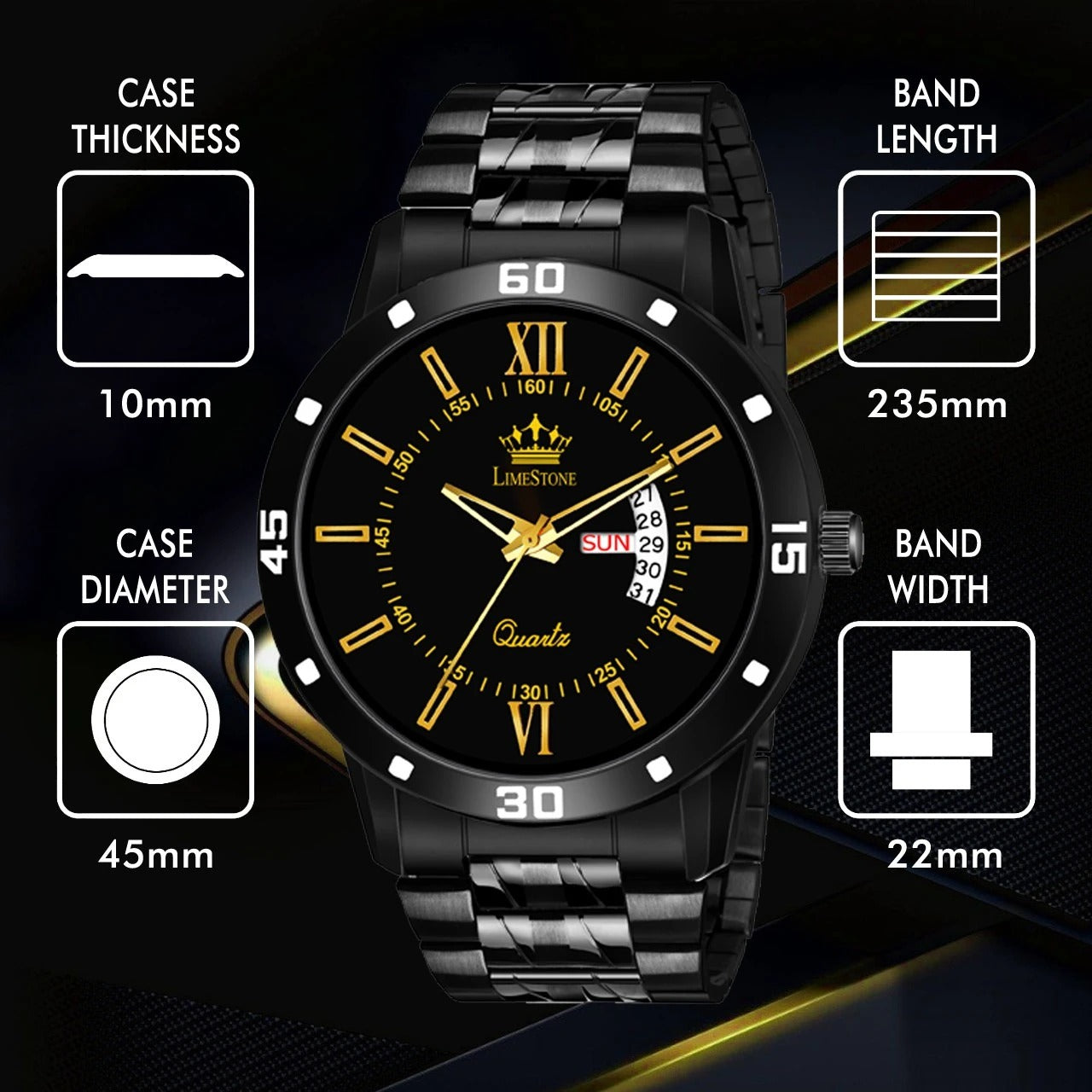 LIMESTONE All Black Day & Date Functioning Long Life Black Plated Chain HMTS Quartz Analog Watch - For Men (LS3047)
