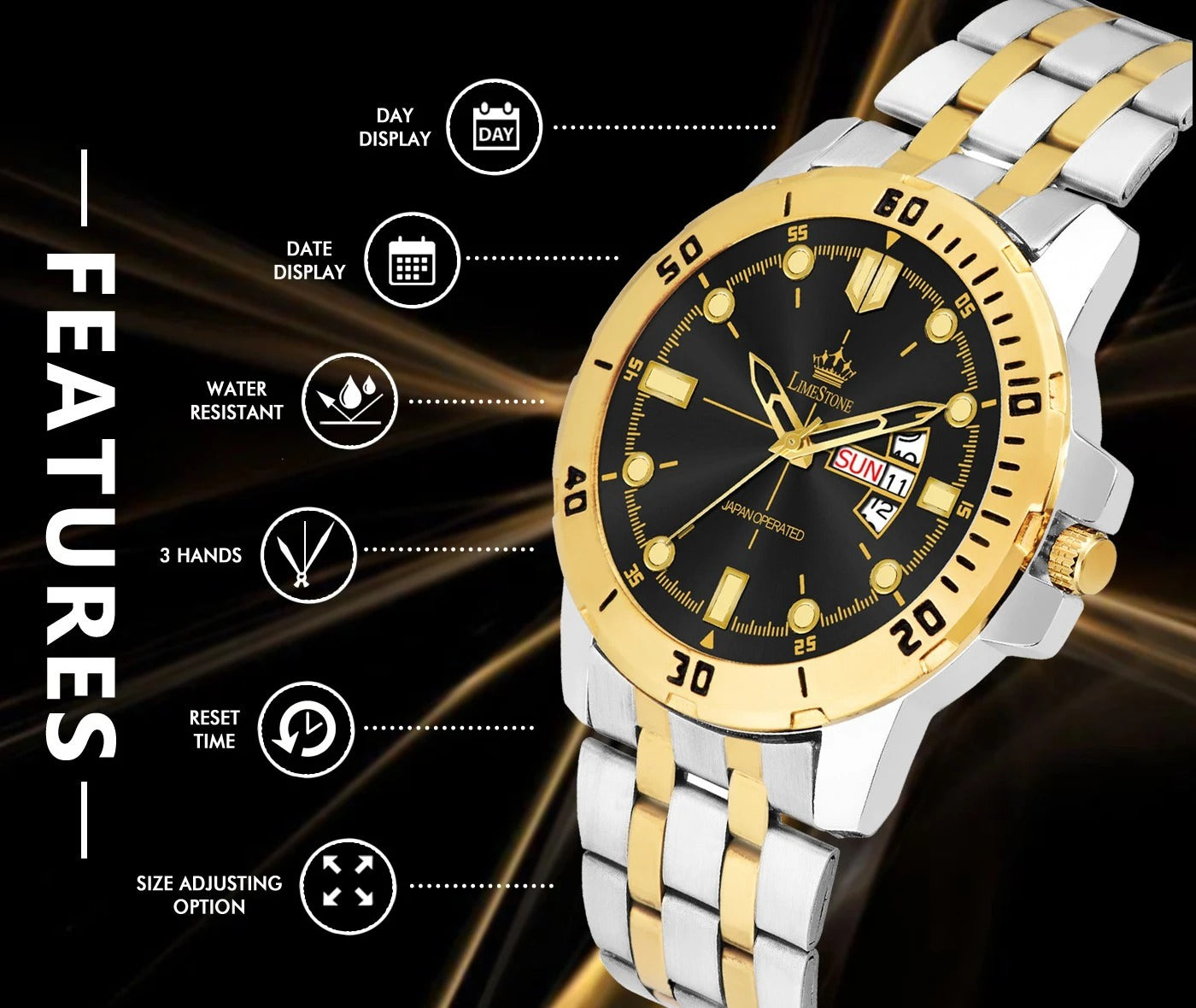 LIMESTONE Day & Date Functioning Original Gold Plated Adjustable Bracelet HMTS Quartz Analog Watch - For Men (LS3071)