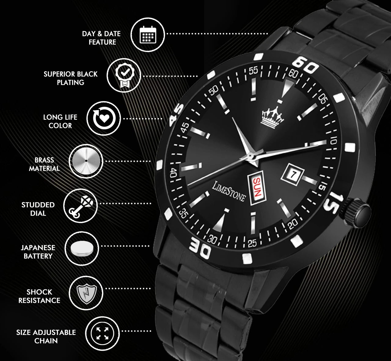 LIMESTONE All Black Day & Date Functioning Long Life Black Plated Chain HMTS Quartz Analog Watch - For Men (LS3049)