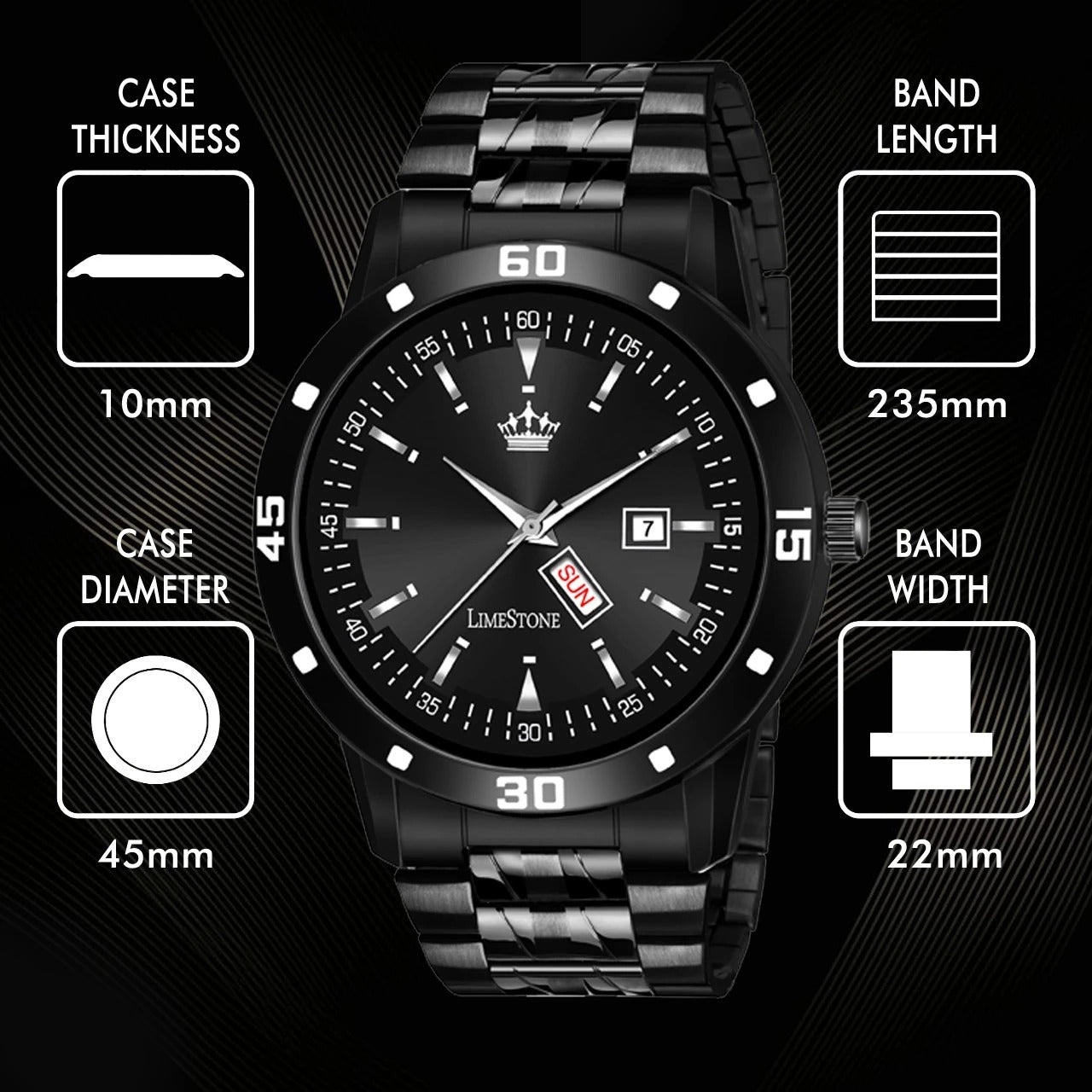 LIMESTONE All Black Day & Date Functioning Long Life Black Plated Chain HMTS Quartz Analog Watch - For Men (LS3049)