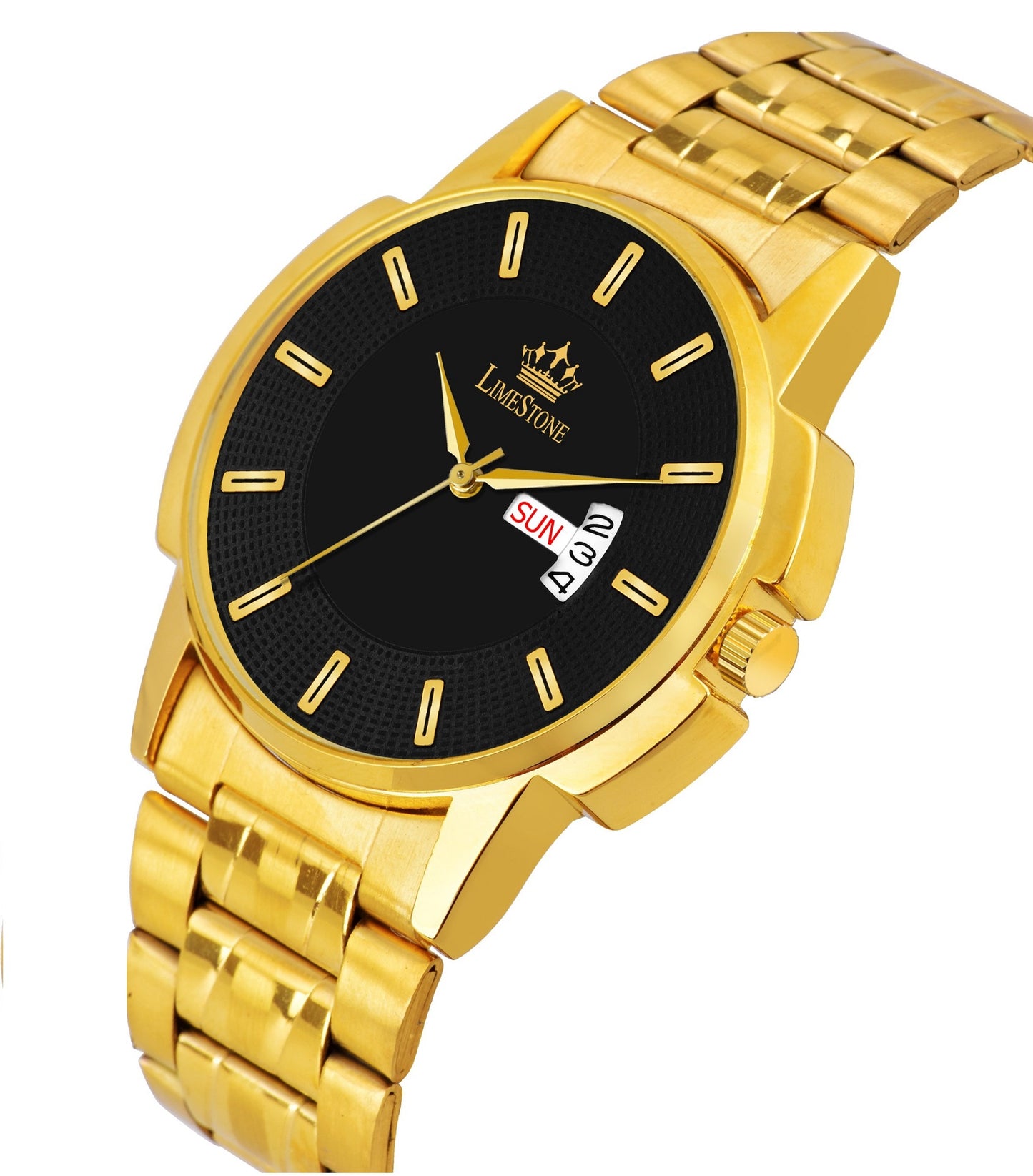 LIMESTONE Day & Date Functioning Original Gold Plated Adjustable Bracelet HMTS Quartz Analog Watch - For Men (LS3065)