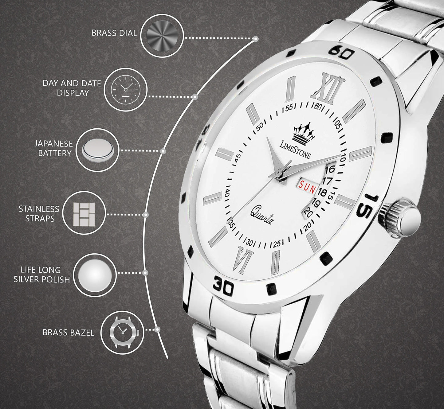LIMESTONE Day and Date Function Steel Strap Quartz Analog Watch - For Men (LS2856)